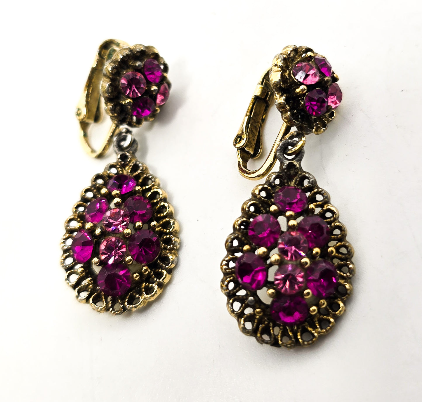 Magenta Pink rhinestone drop screw mid century vintage clip on earrings