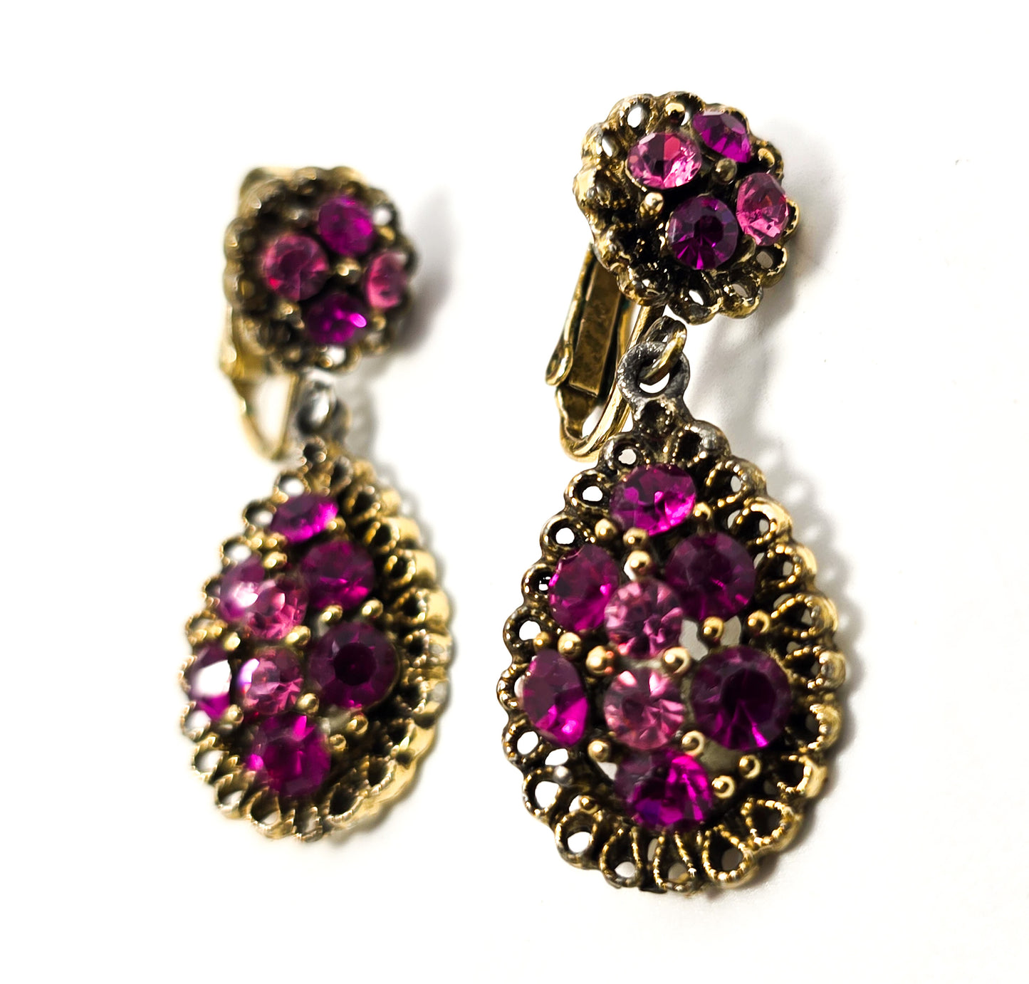 Magenta Pink rhinestone drop screw mid century vintage clip on earrings