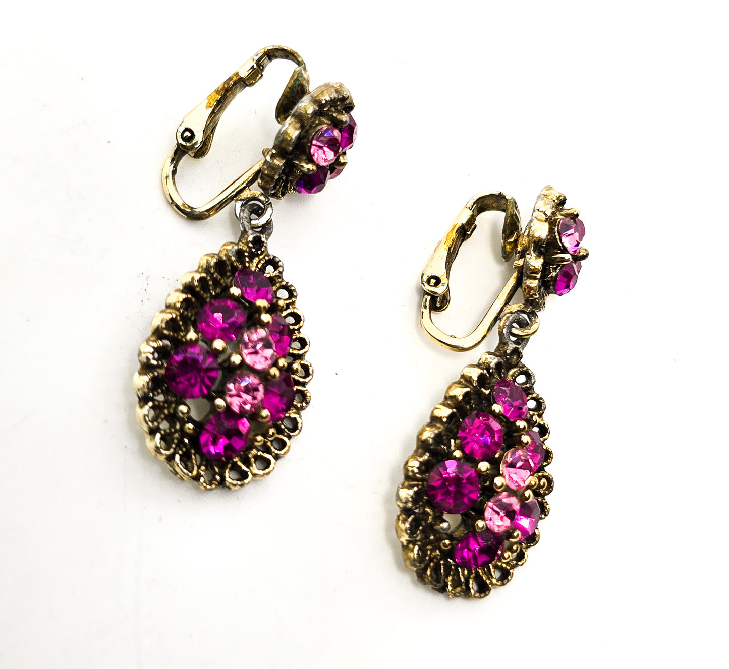 Magenta Pink rhinestone drop screw mid century vintage clip on earrings