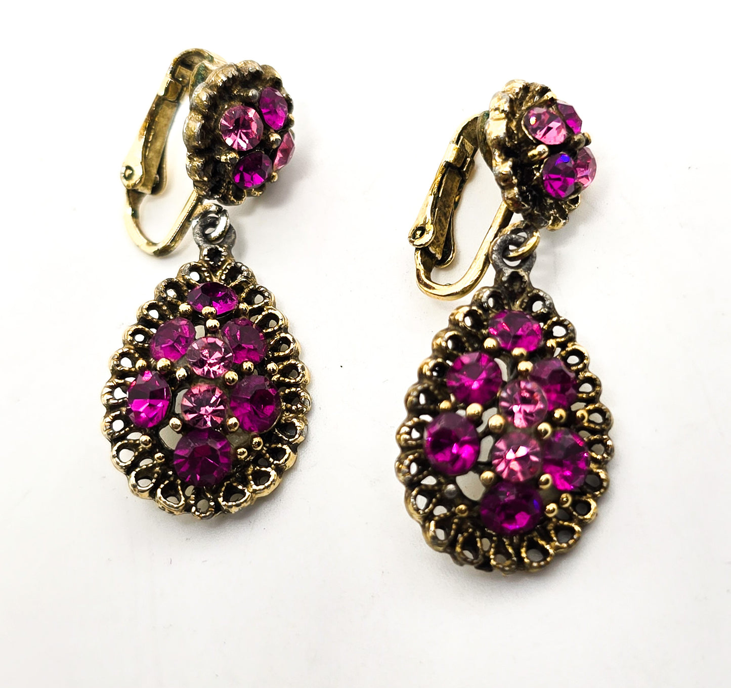 Magenta Pink rhinestone drop screw mid century vintage clip on earrings