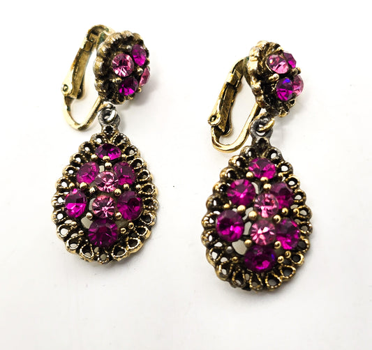 Magenta Pink rhinestone drop screw mid century vintage clip on earrings