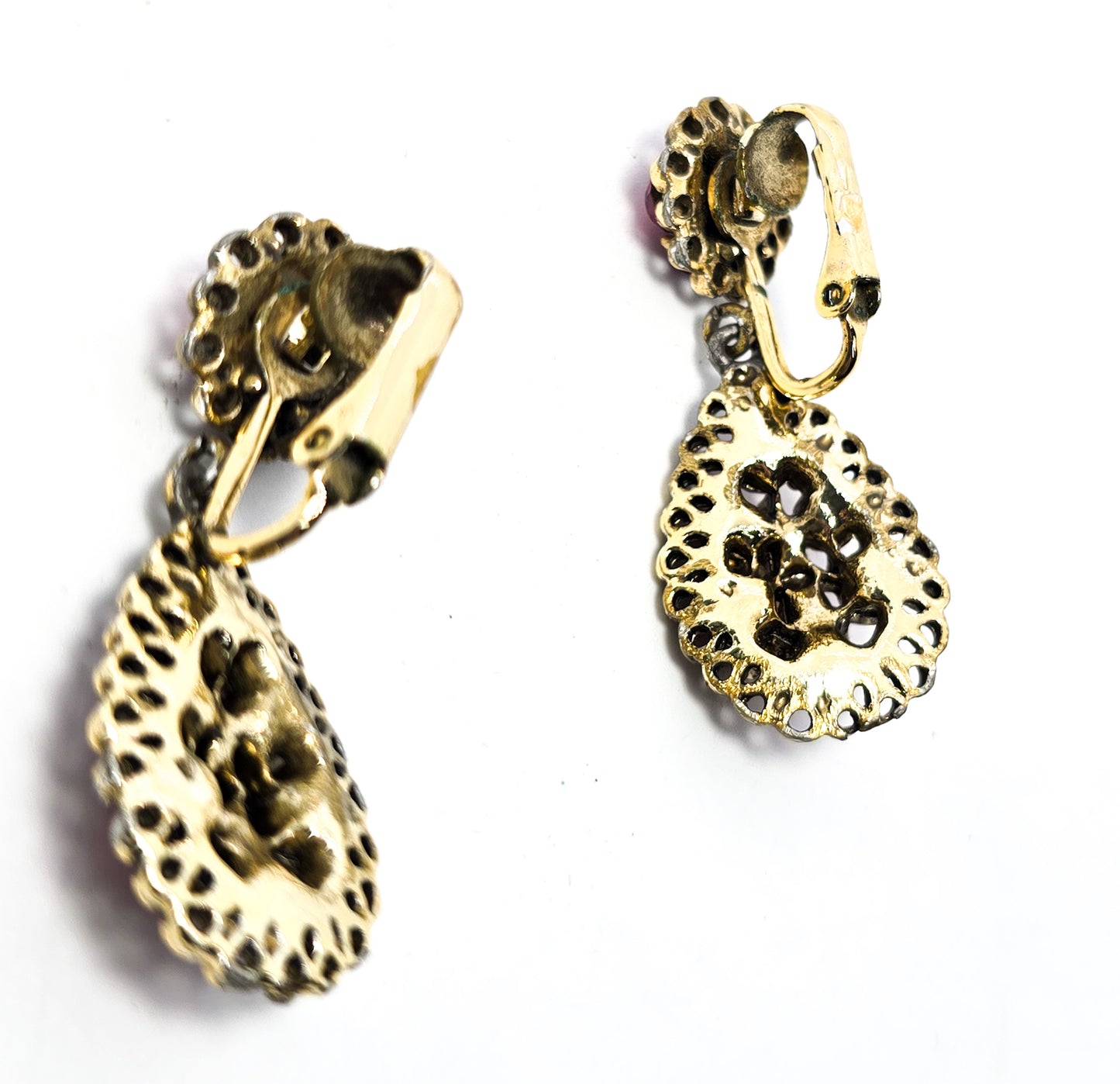 Magenta Pink rhinestone drop screw mid century vintage clip on earrings