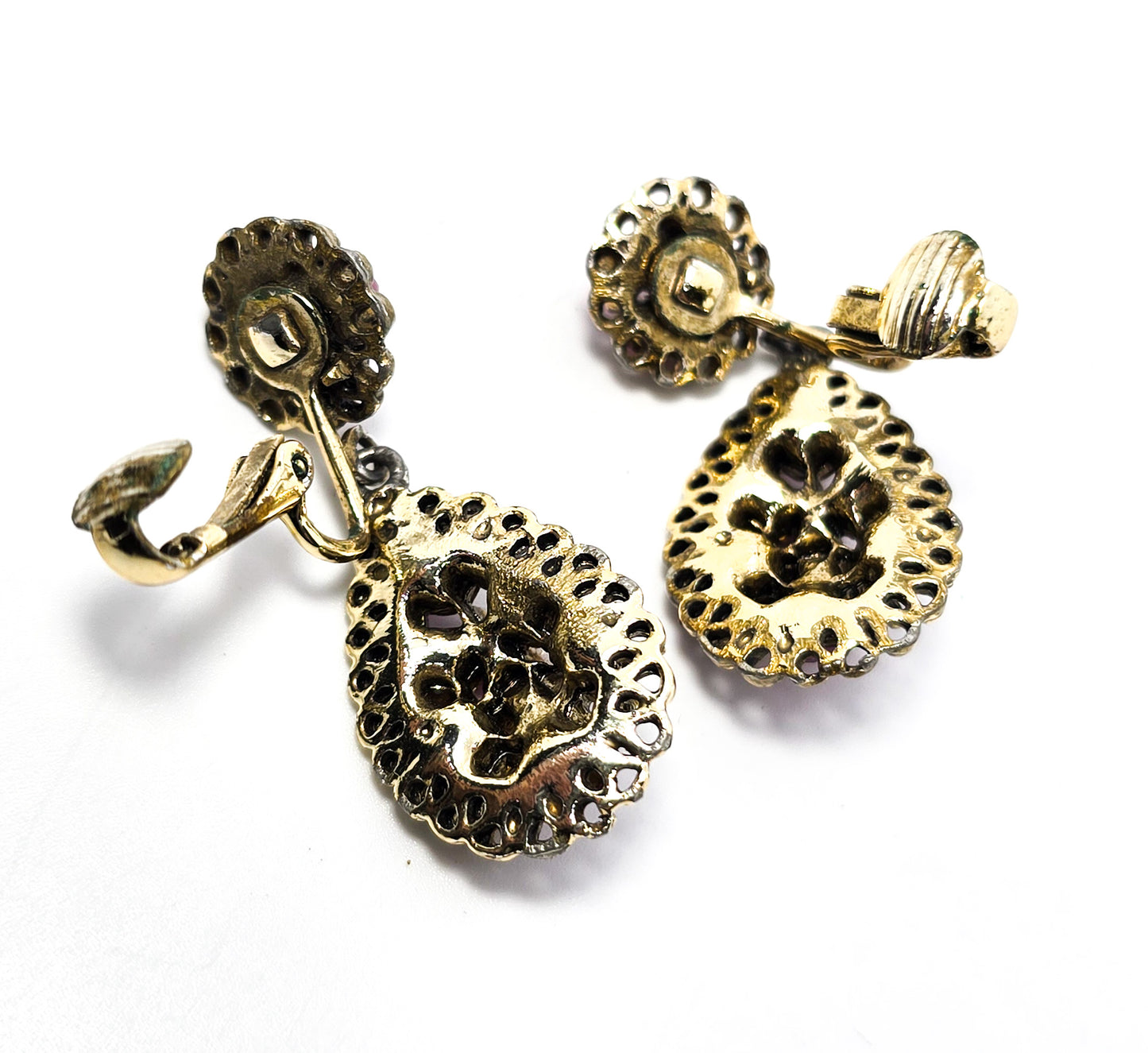 Magenta Pink rhinestone drop screw mid century vintage clip on earrings