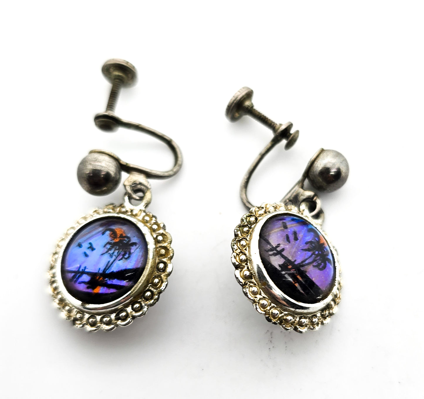 Butterfly wing Scottie dog / palm tree beach vintage reversable screw back earrings