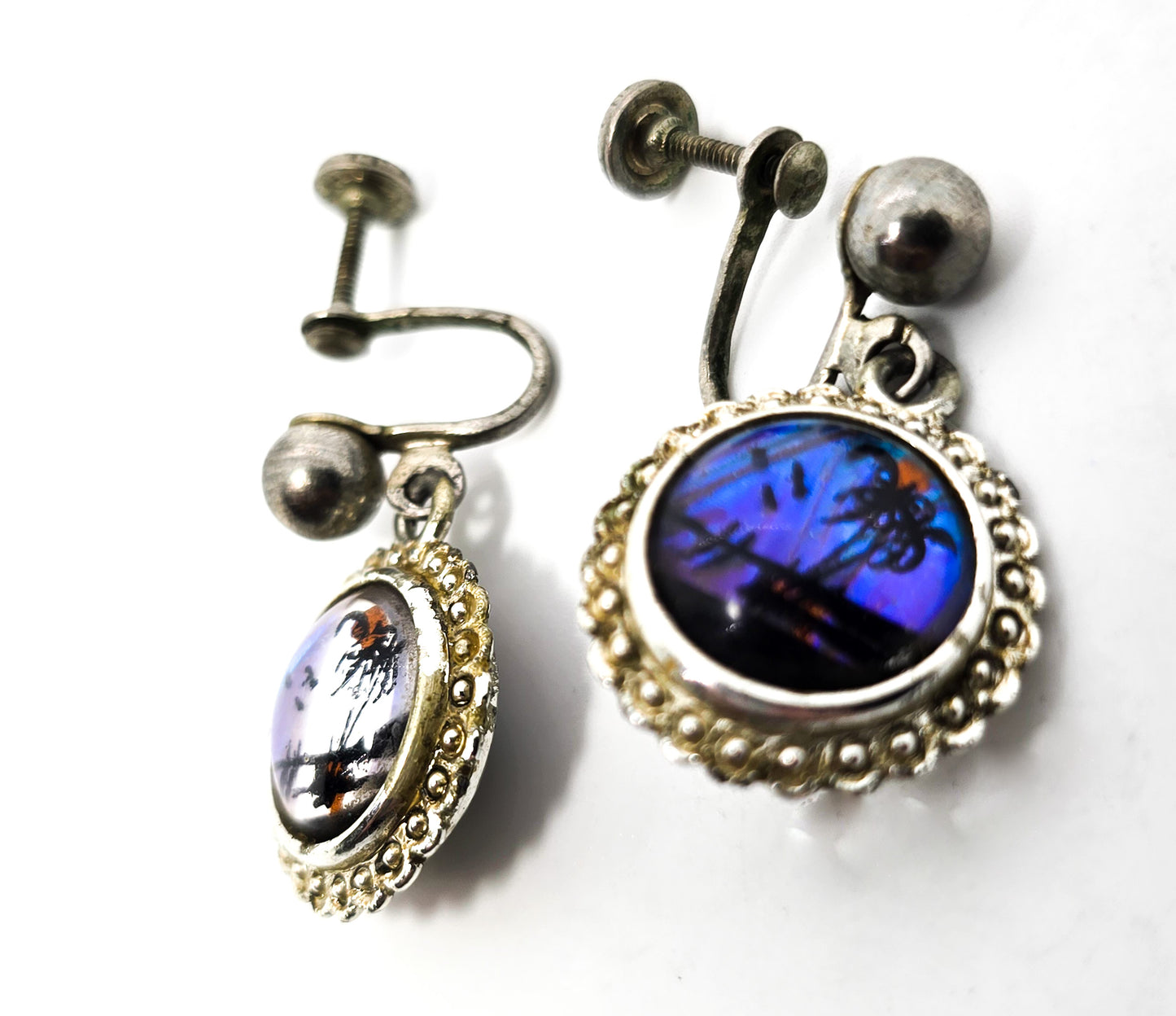 Butterfly wing Scottie dog / palm tree beach vintage reversable screw back earrings