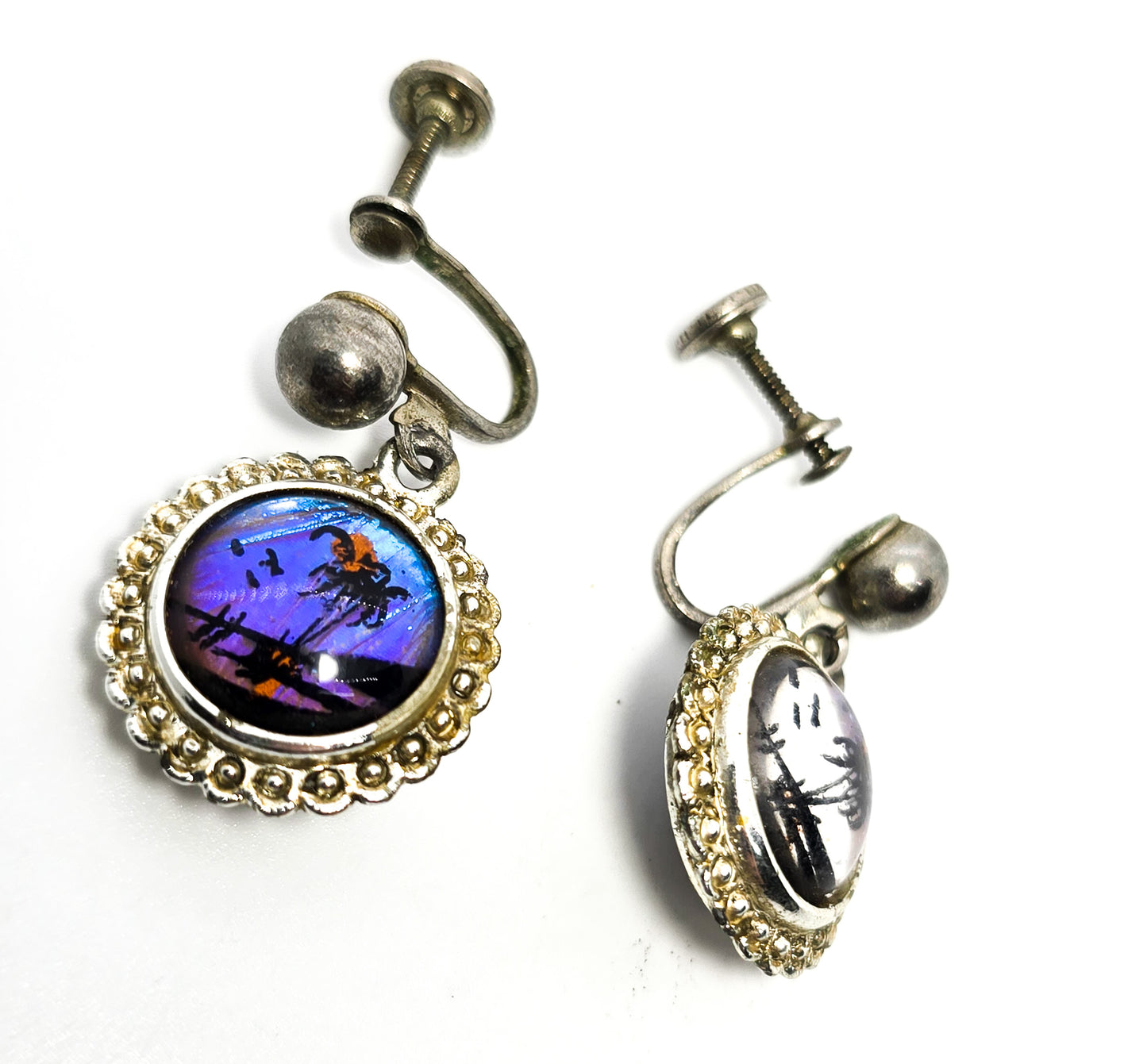 Butterfly wing Scottie dog / palm tree beach vintage reversable screw back earrings