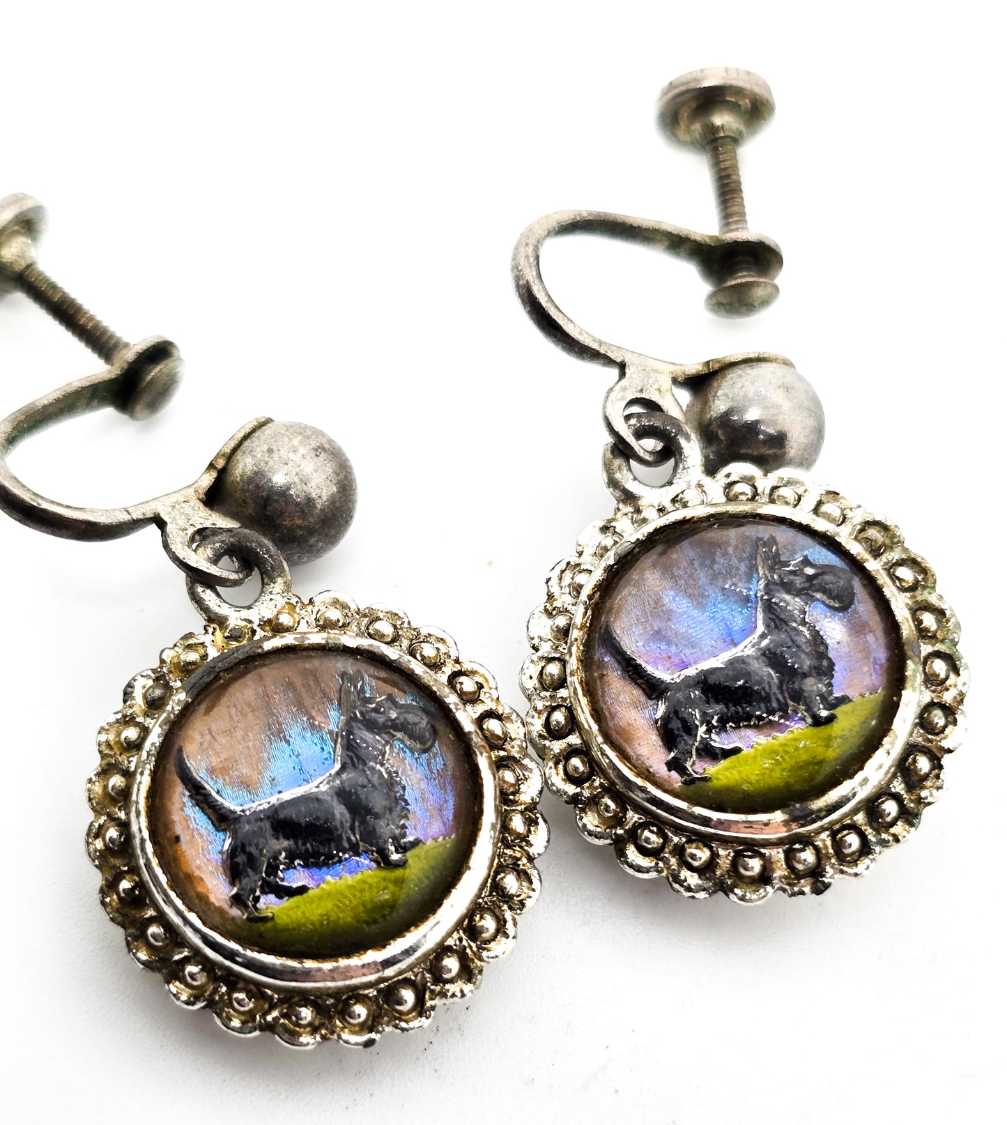 Butterfly wing Scottie dog / palm tree beach vintage reversable screw back earrings