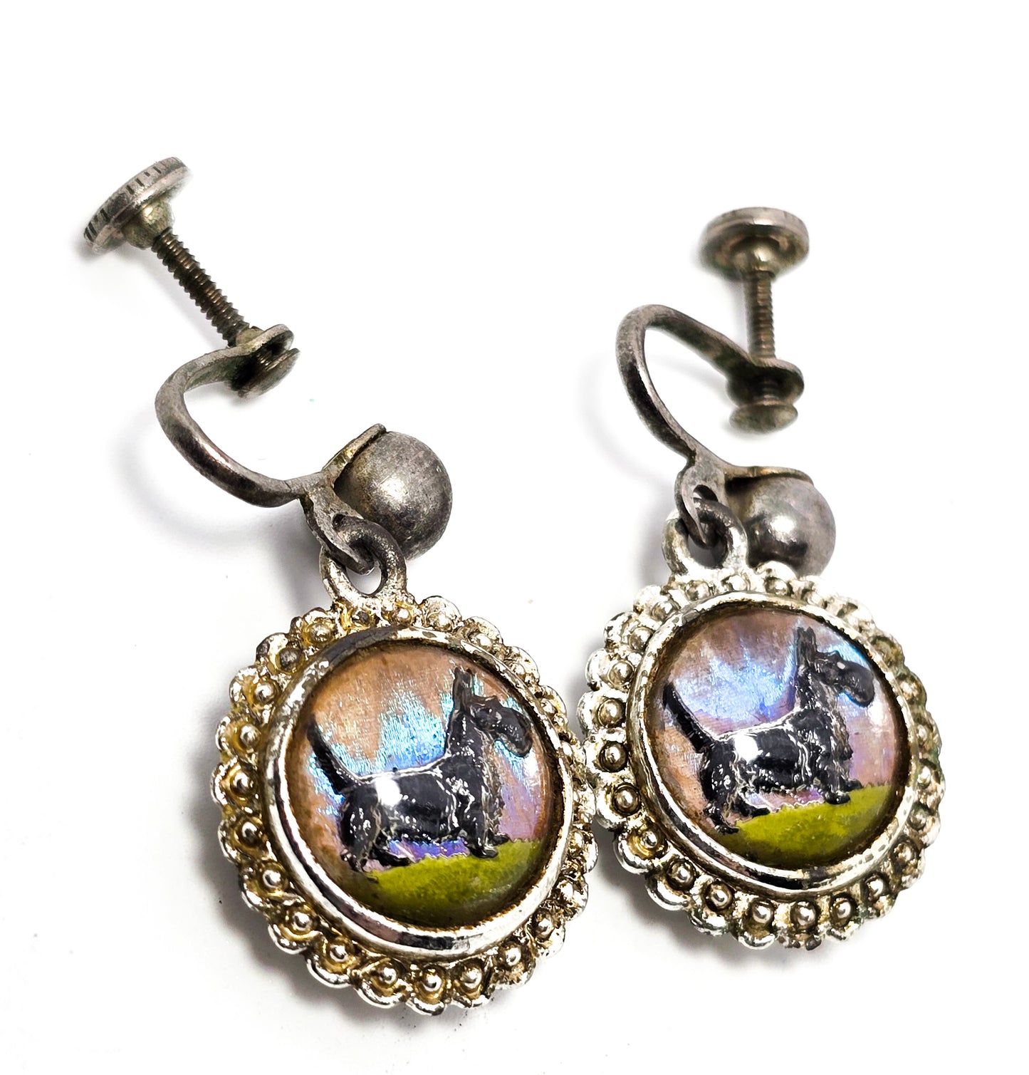 Butterfly wing Scottie dog / palm tree beach vintage reversable screw back earrings