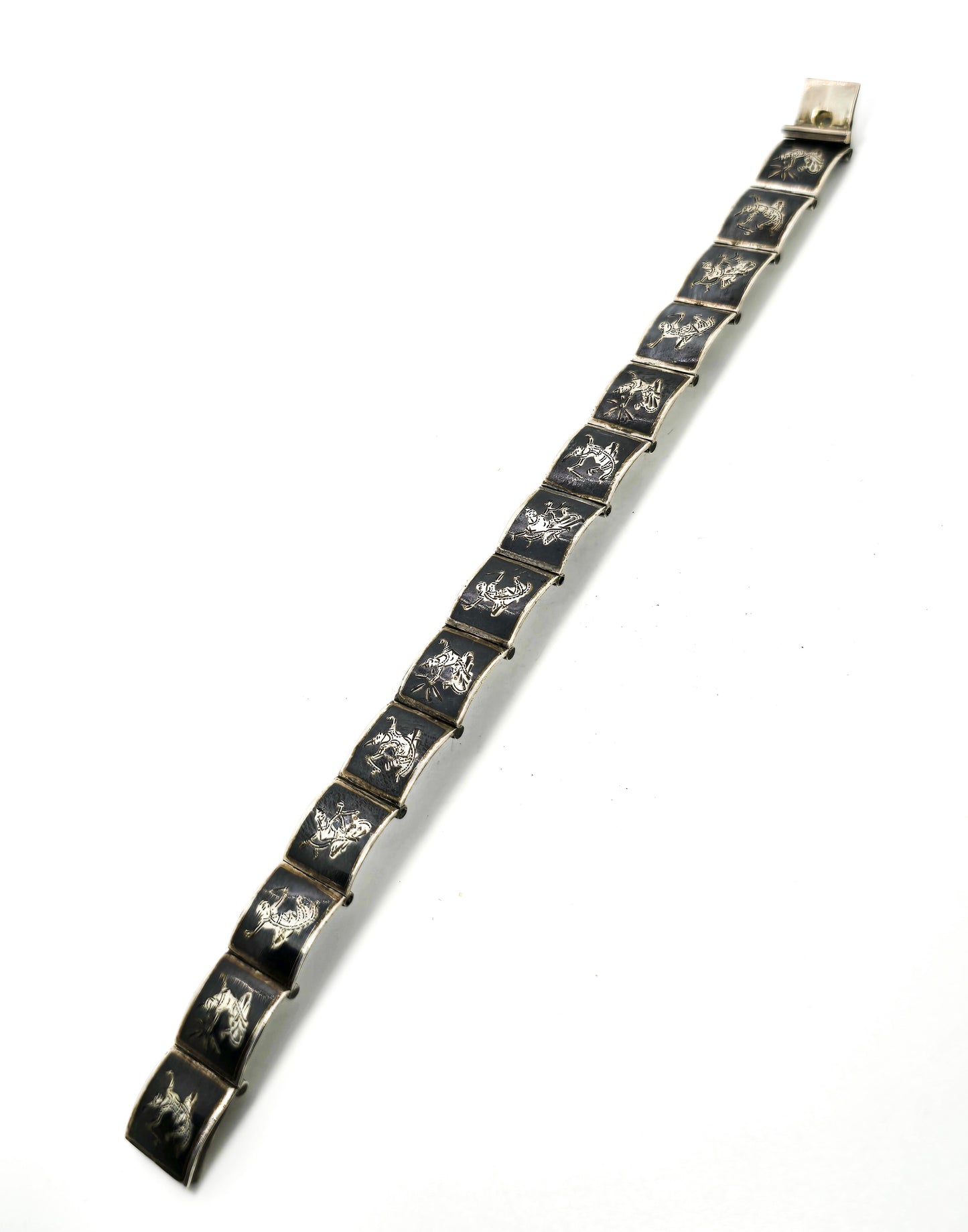 Siam Black Nielloware enamel Mekkala panel vintage sterling silver bracelet