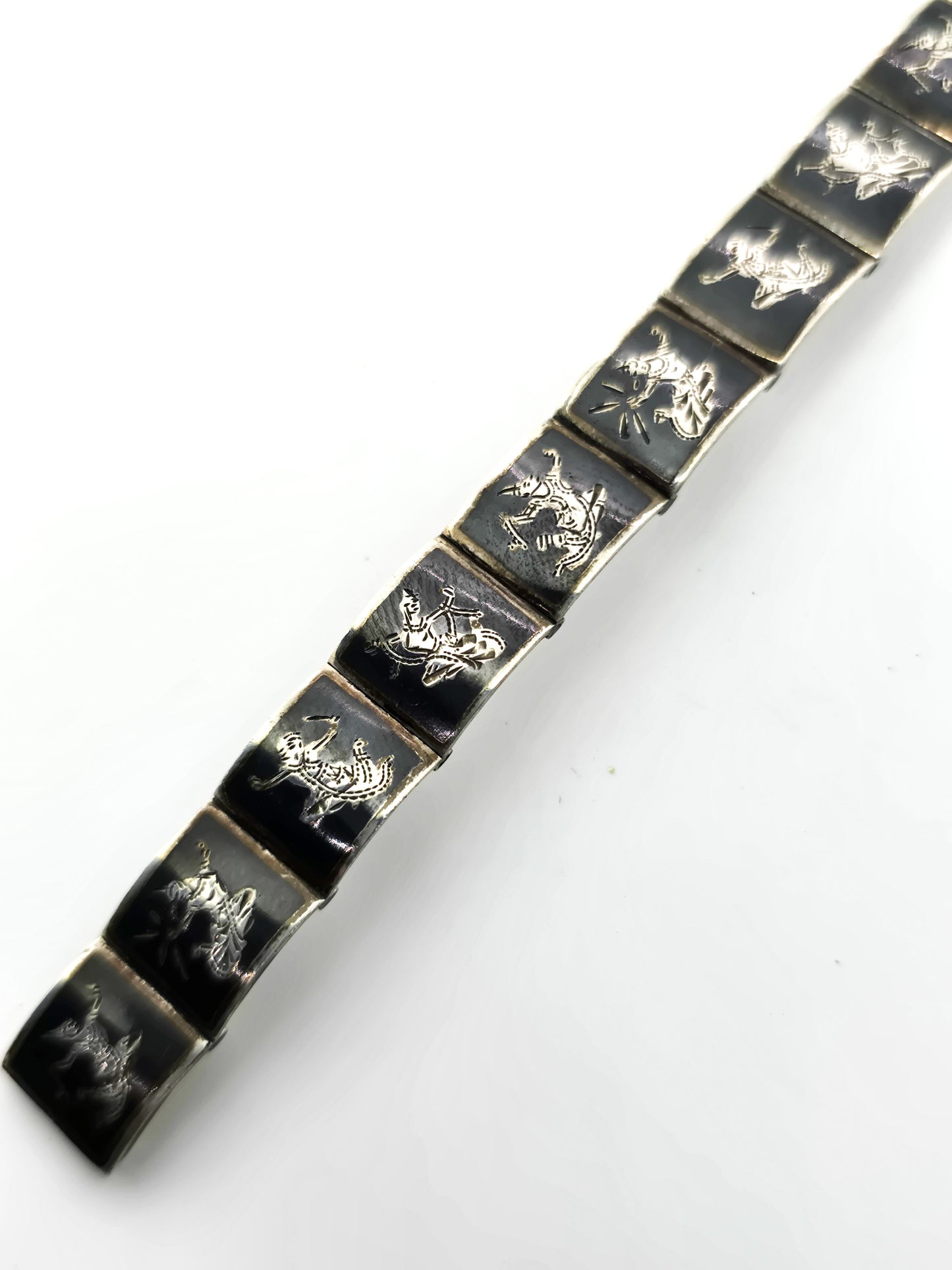 Siam Black Nielloware enamel Mekkala panel vintage sterling silver bracelet