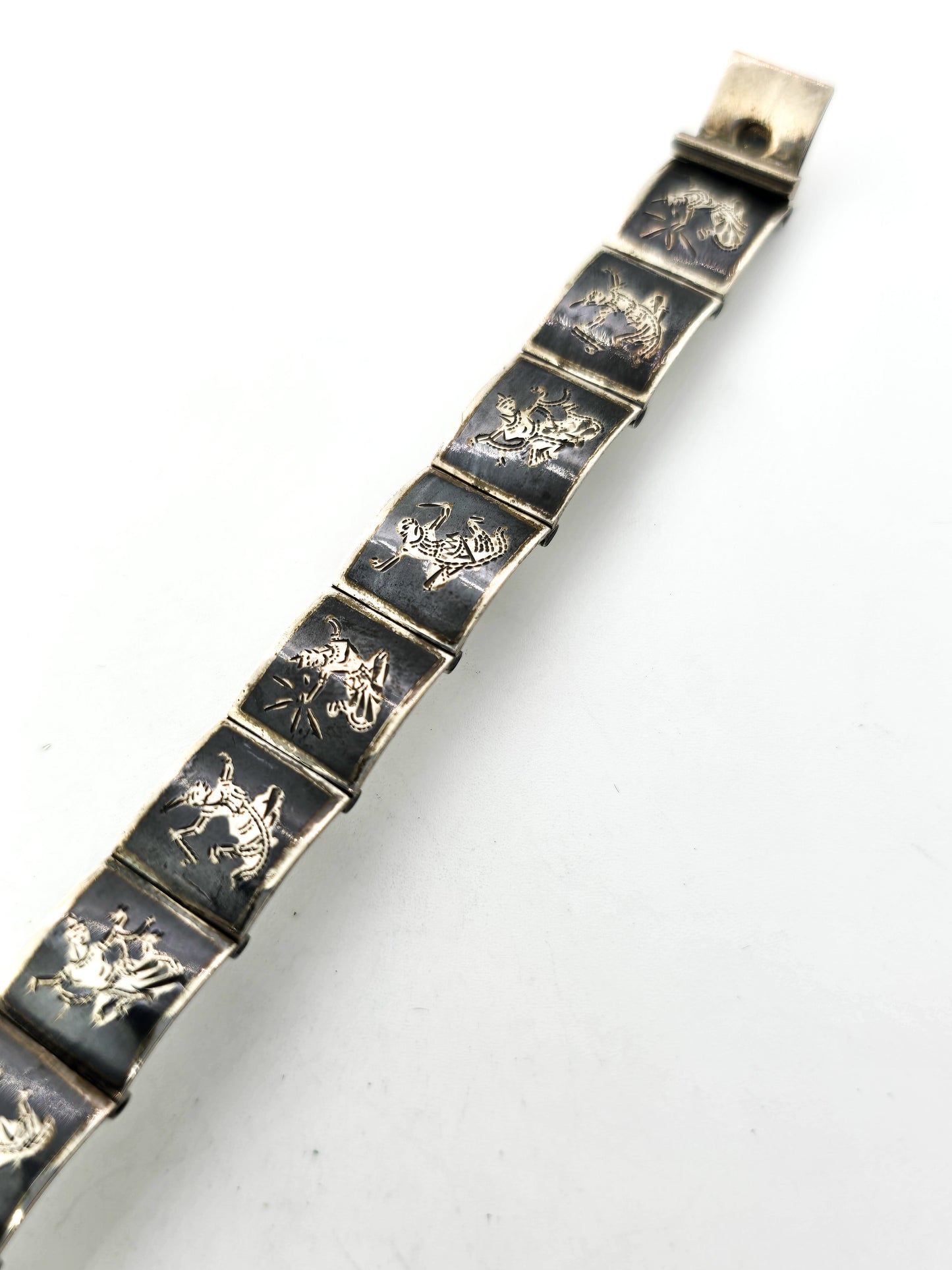 Siam Black Nielloware enamel Mekkala panel vintage sterling silver bracelet