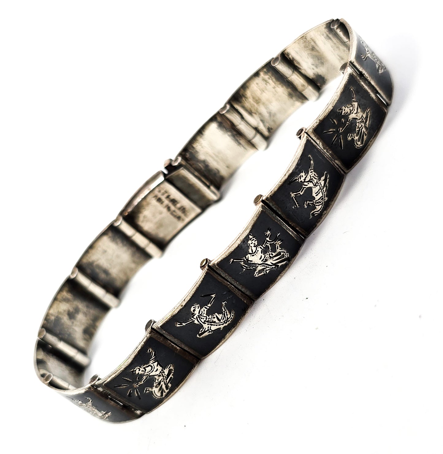Siam Black Nielloware enamel Mekkala panel vintage sterling silver bracelet