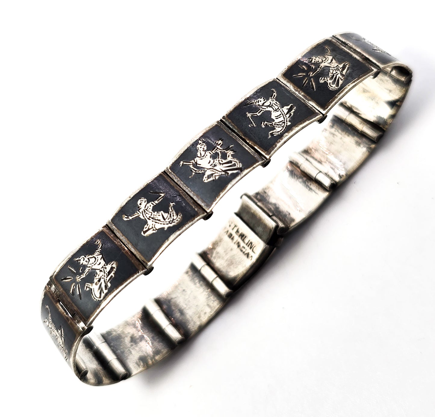 Siam Black Nielloware enamel Mekkala panel vintage sterling silver bracelet