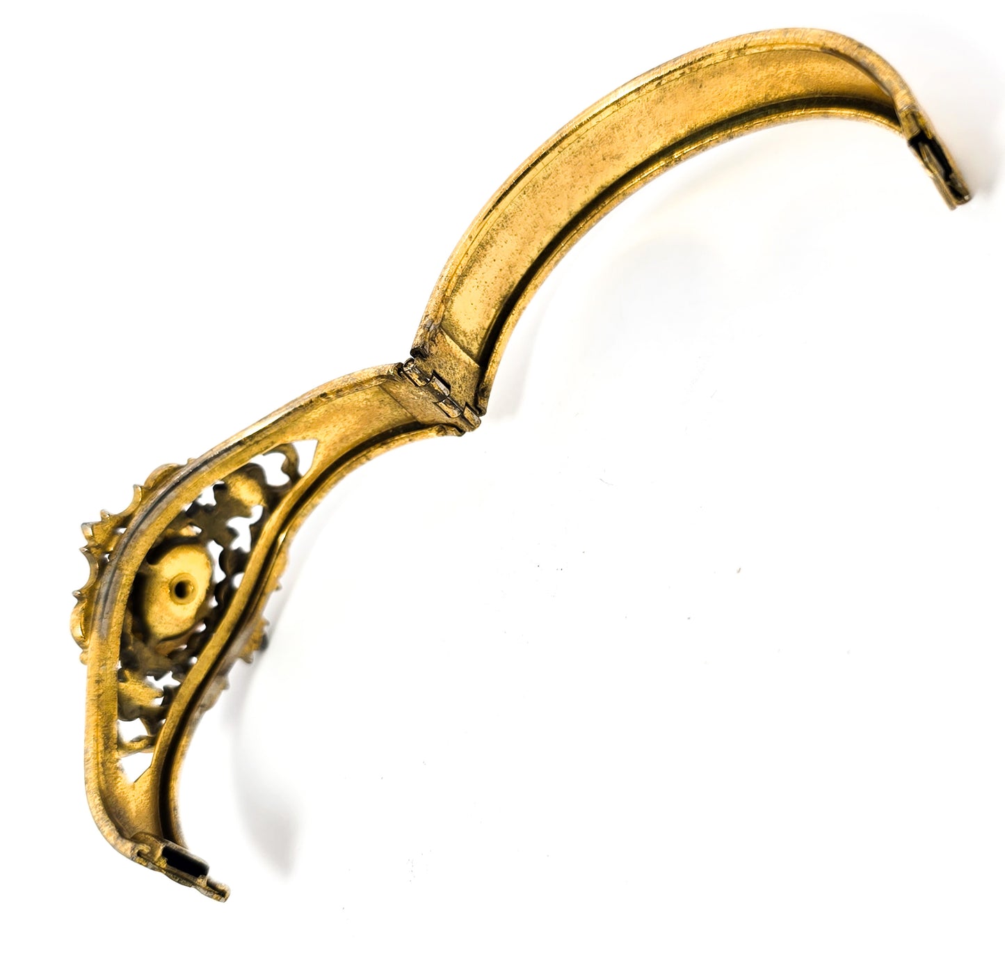 Red rhinestone vintage mid century gold toned floral clamper bangle bracelet