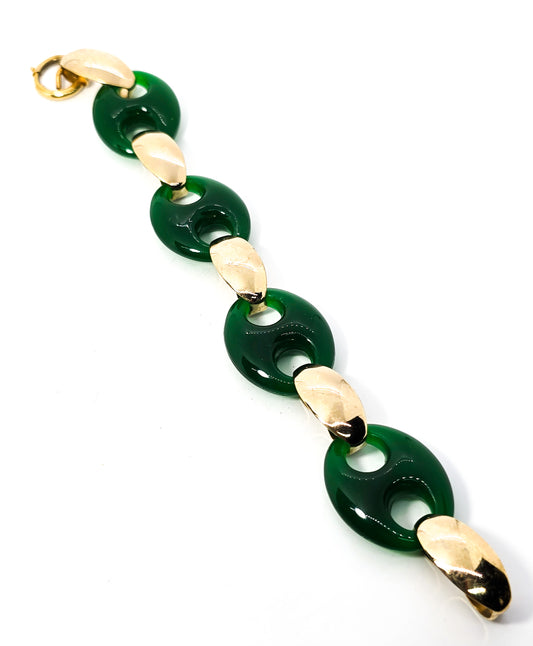 Napier green plastic Marine link vintage yellow gold toned vintage signed bracelet