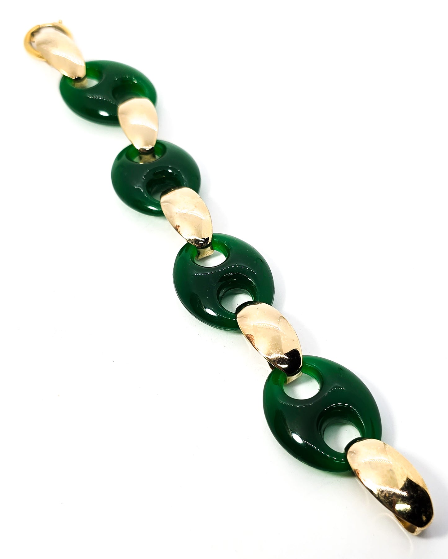 Napier green plastic Marine link vintage yellow gold toned vintage signed bracelet