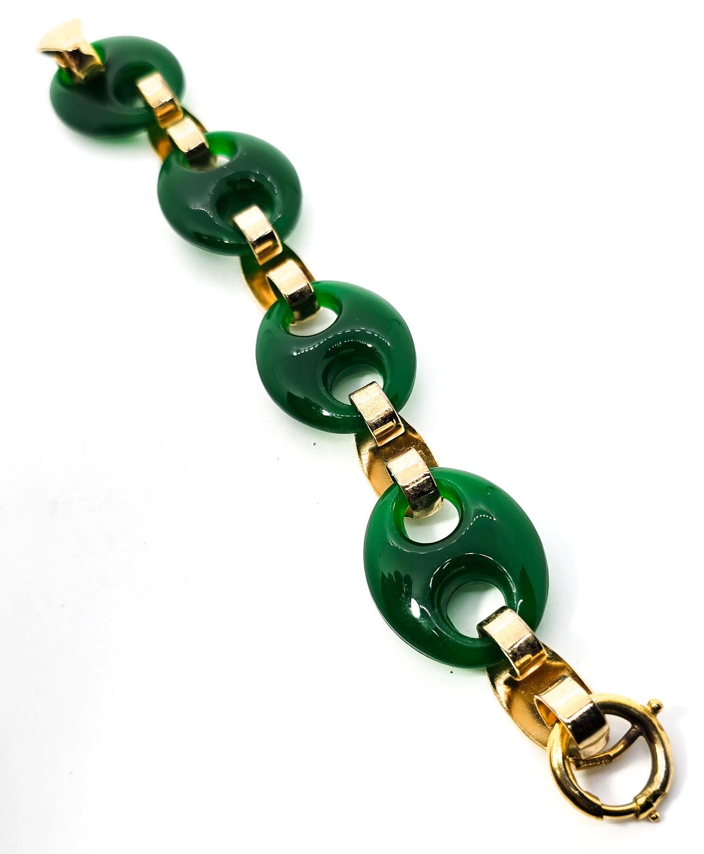 Napier green plastic Marine link vintage yellow gold toned vintage signed bracelet