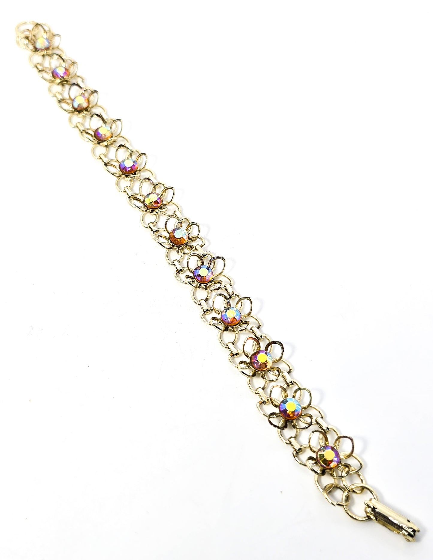 Aurora Borealis rainbow rhinestone flower gold toned bracelet mid century