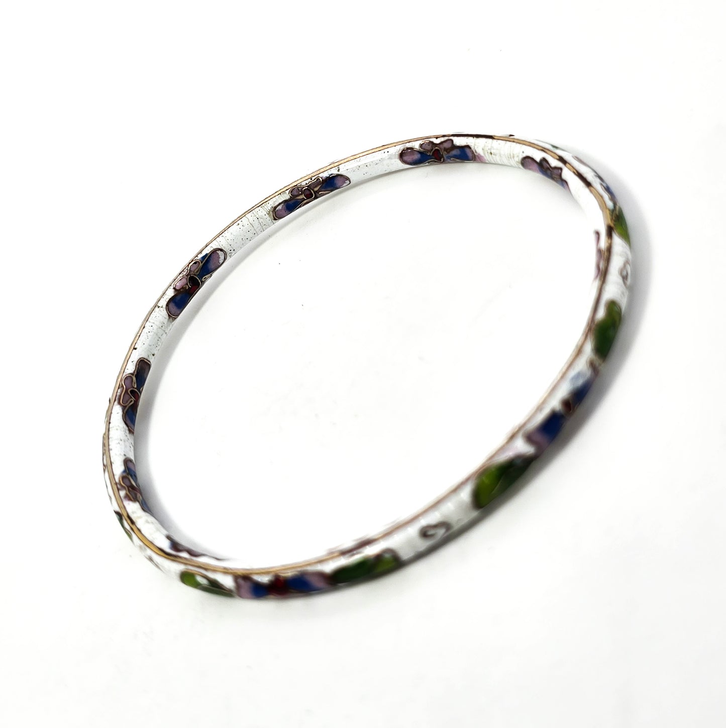 White Cloisonne enamel flower vintage thin stacking bangle bracelet DAMAGED