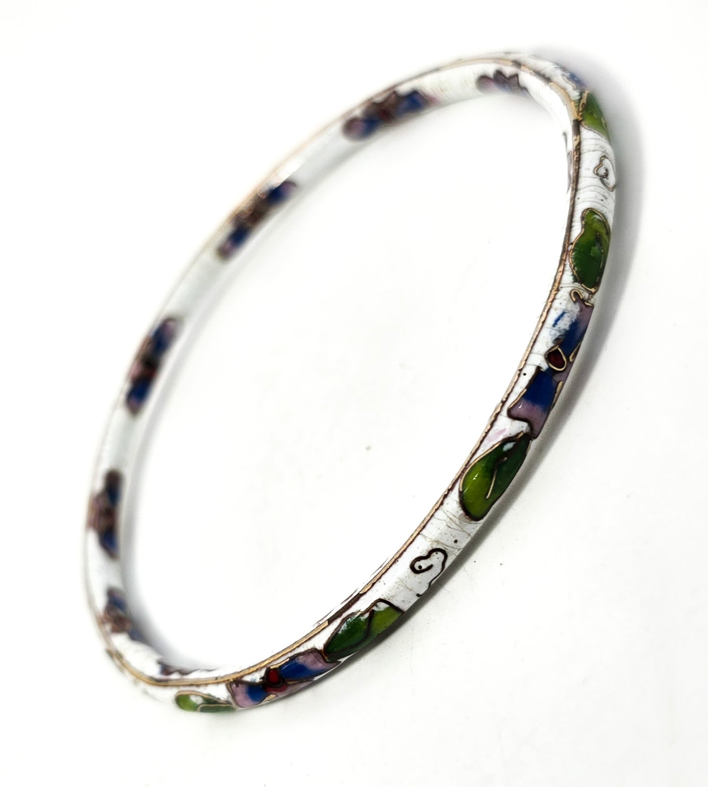 White Cloisonne enamel flower vintage thin stacking bangle bracelet DAMAGED