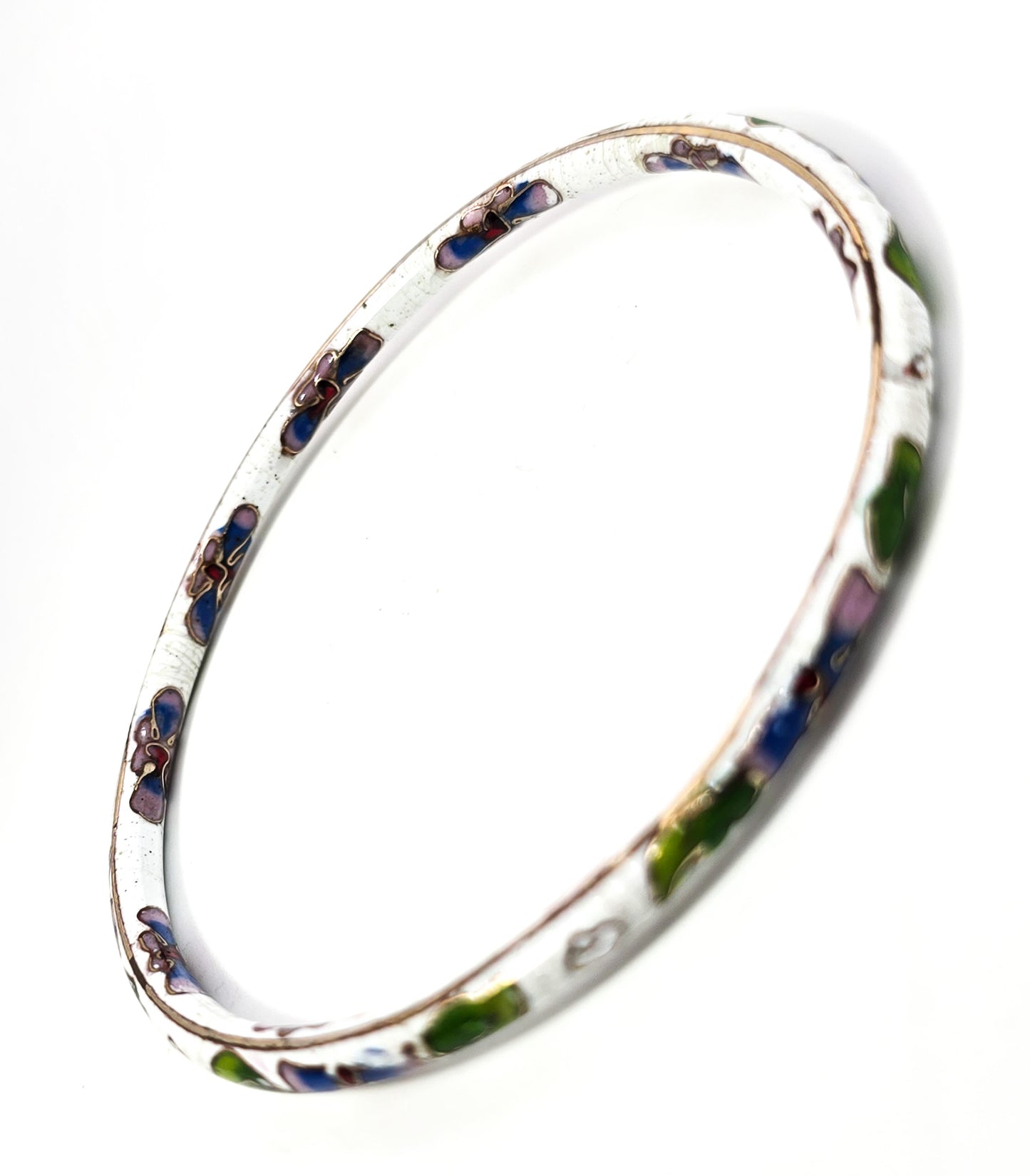 White Cloisonne enamel flower vintage thin stacking bangle bracelet DAMAGED