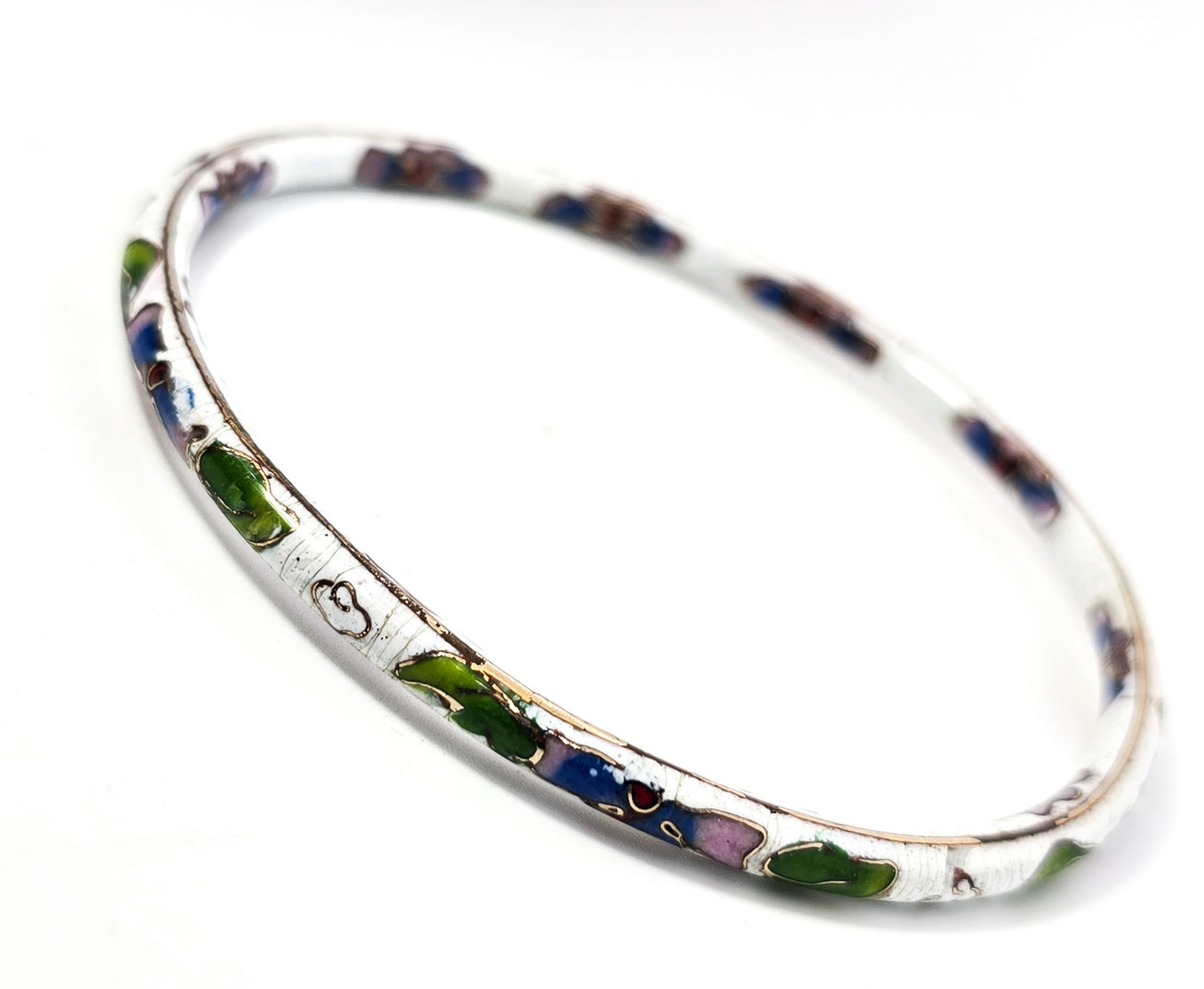 White Cloisonne enamel flower vintage thin stacking bangle bracelet DAMAGED