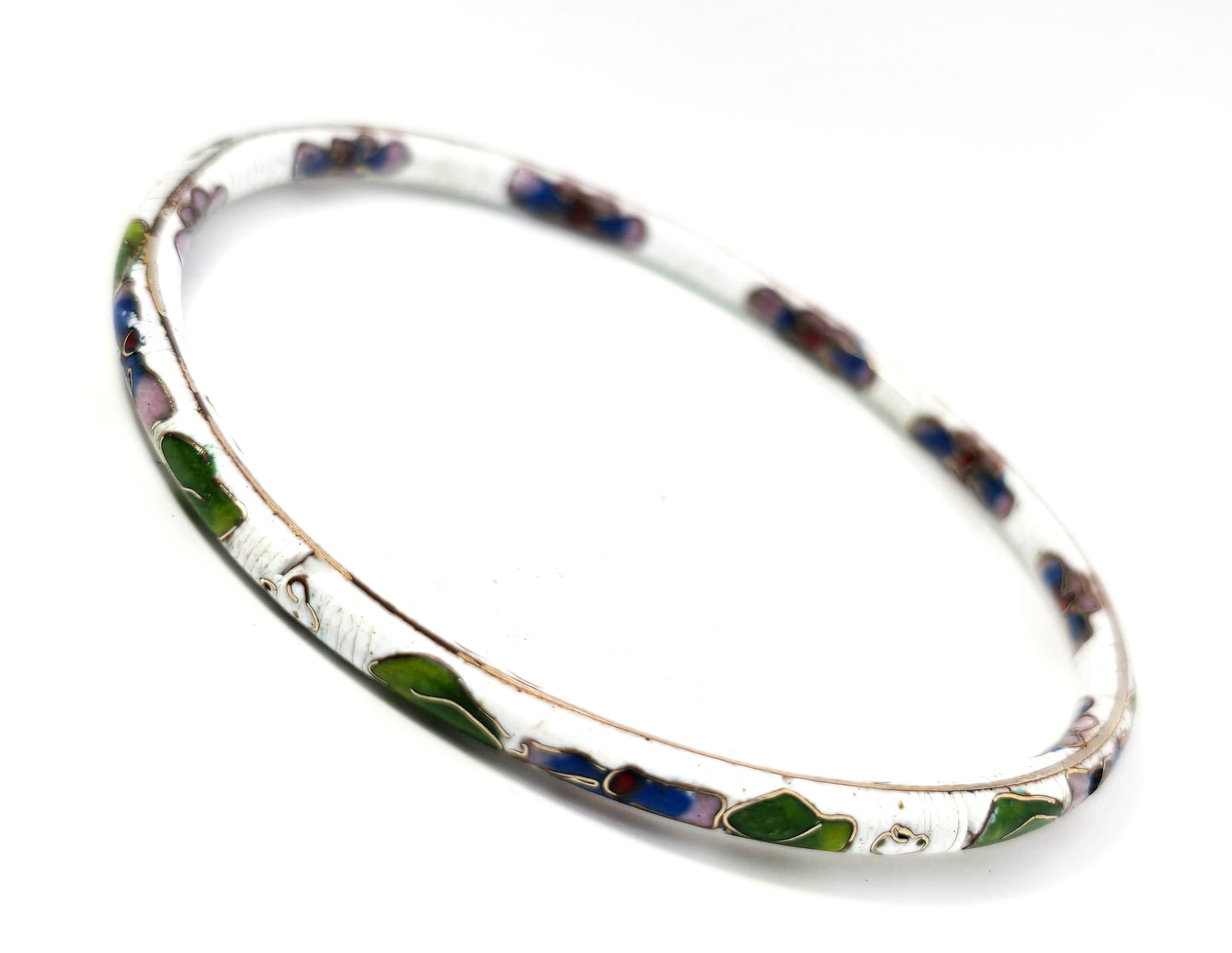 White Cloisonne enamel flower vintage thin stacking bangle bracelet DAMAGED