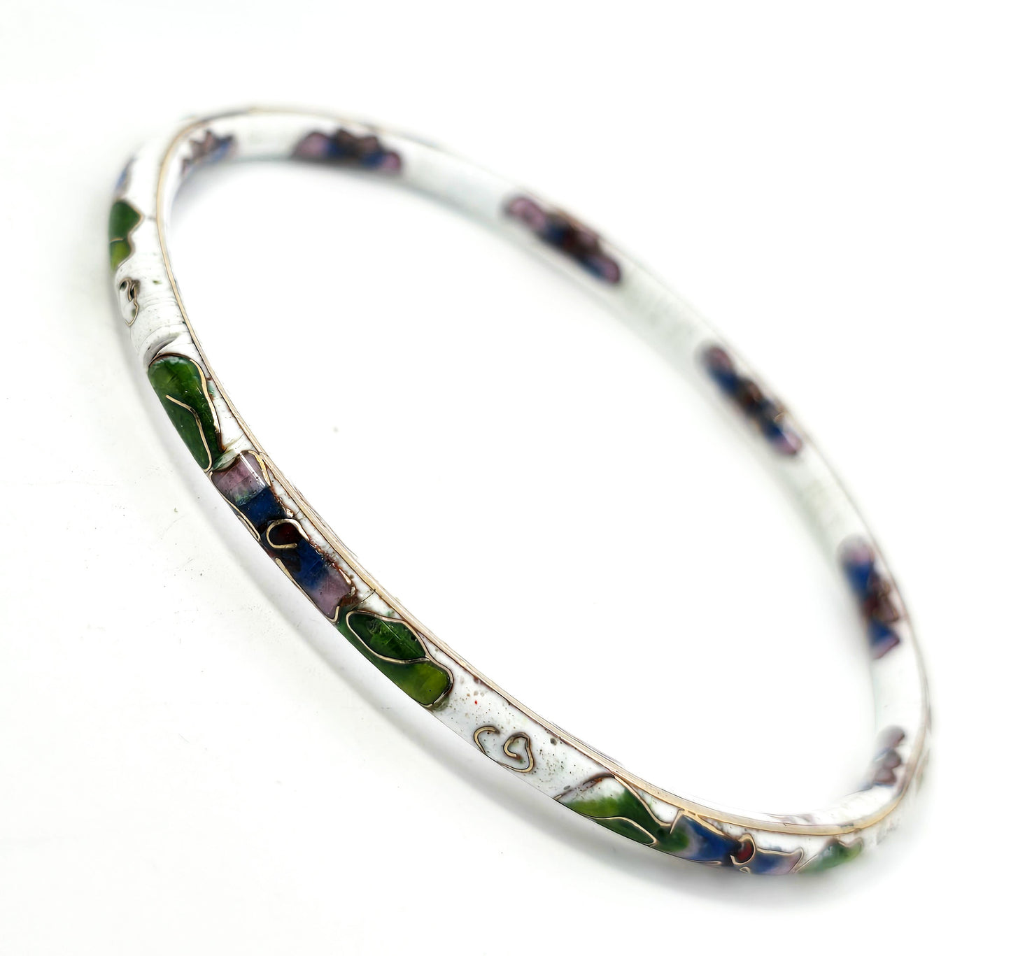 White Cloisonne enamel flower vintage thin stacking bangle bracelet DAMAGED