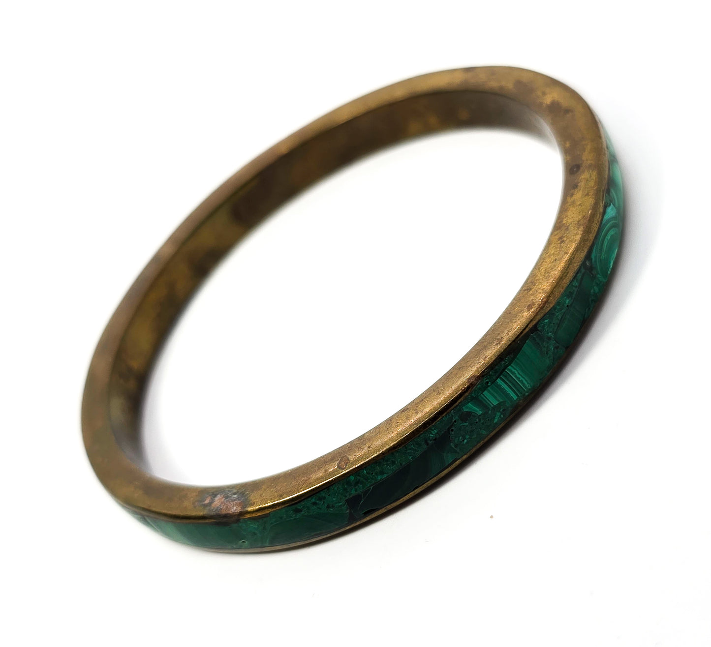 Malachite chip inlay green gemstone vintage brass bangle bracelet