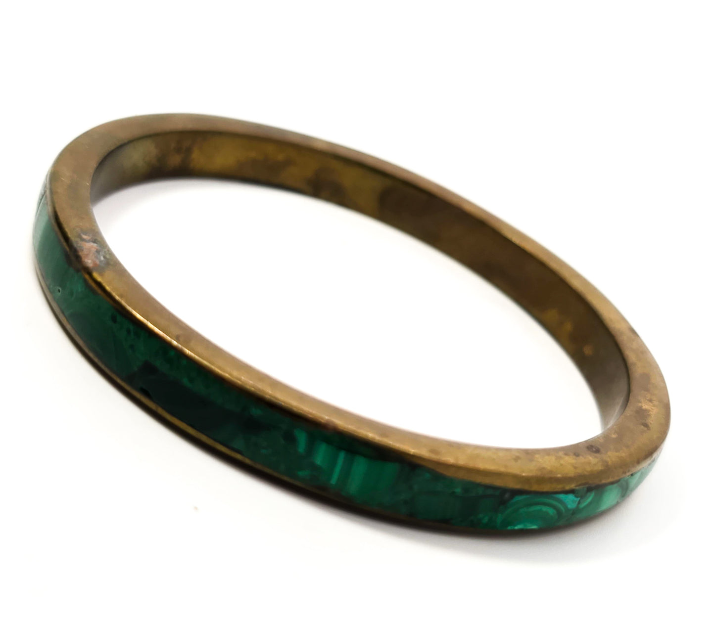 Malachite chip inlay green gemstone vintage brass bangle bracelet