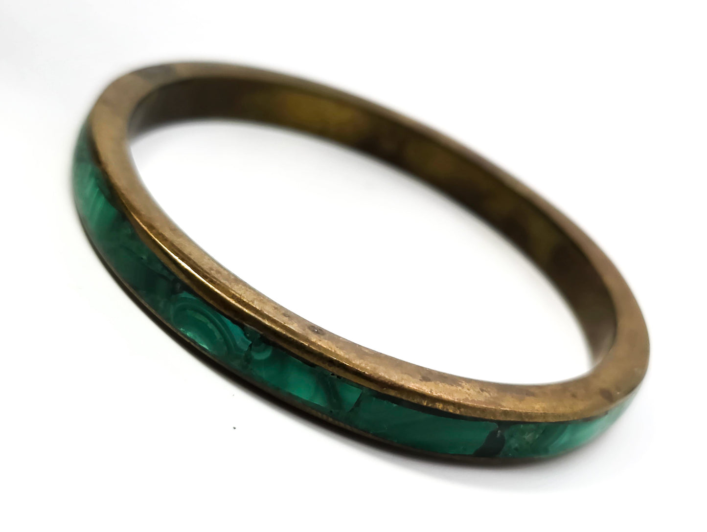 Malachite chip inlay green gemstone vintage brass bangle bracelet