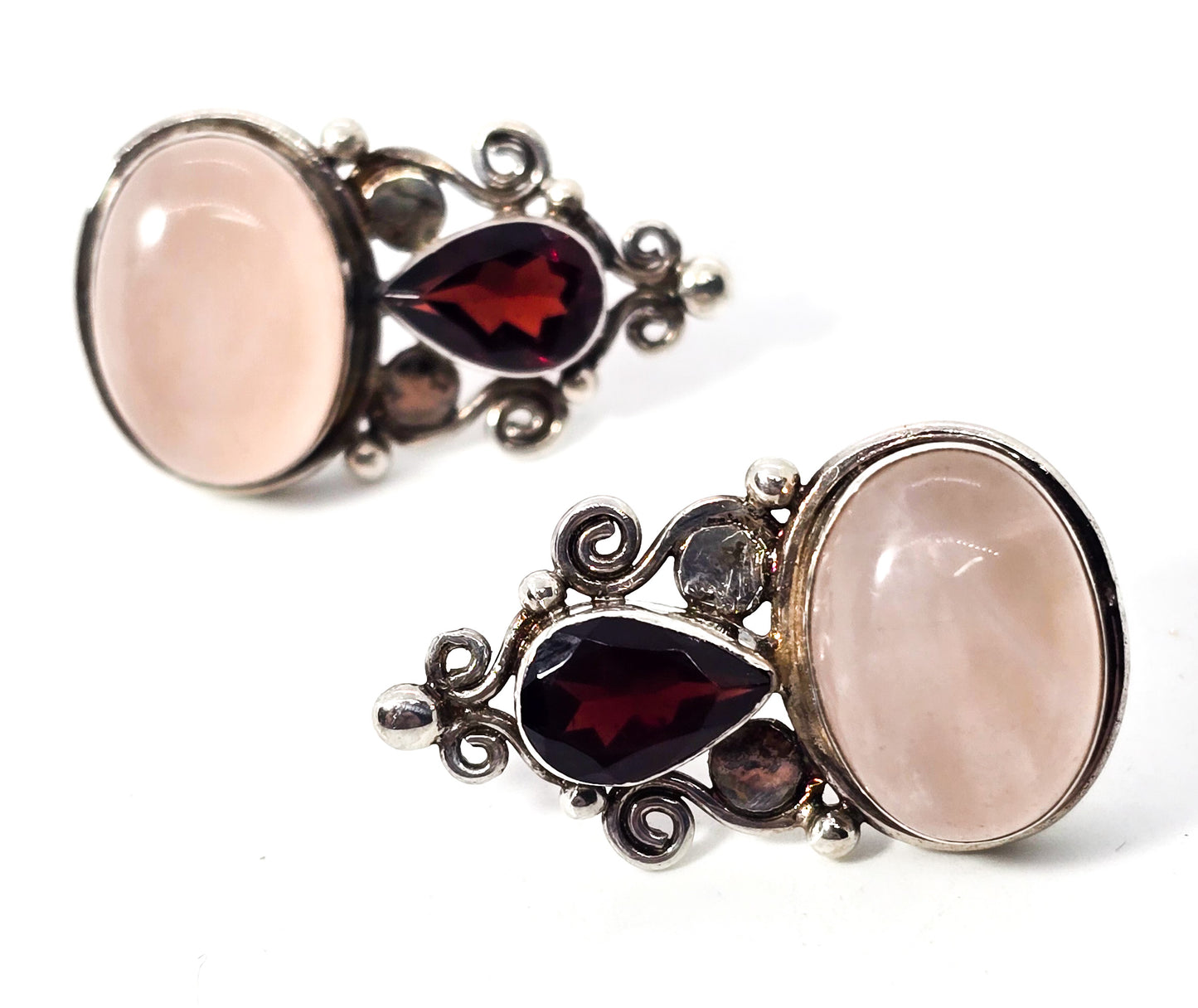 Sajen pink rose quartz and garnet tribal Bali sterling silver vintage post earrings