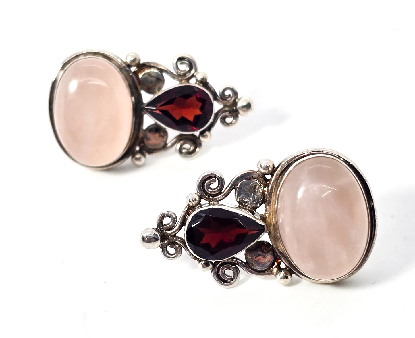 Sajen pink rose quartz and garnet tribal Bali sterling silver vintage post earrings