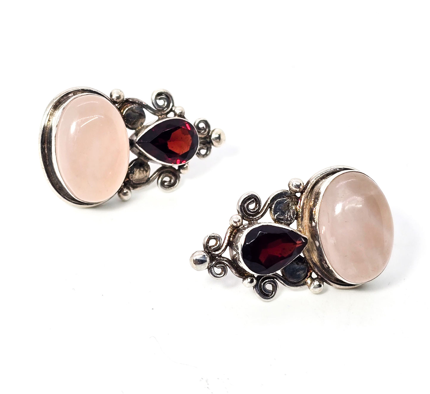 Sajen pink rose quartz and garnet tribal Bali sterling silver vintage post earrings