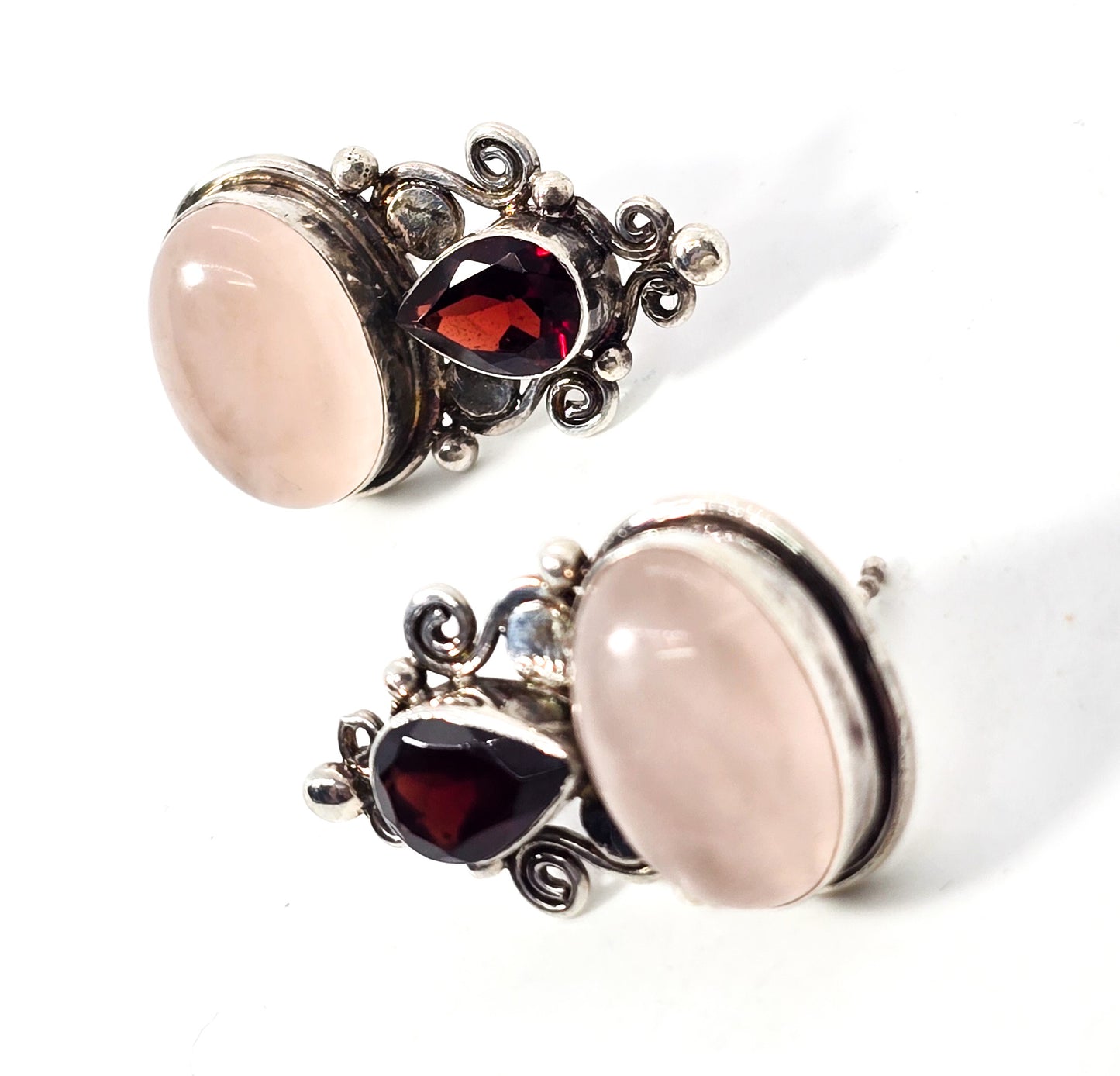 Sajen pink rose quartz and garnet tribal Bali sterling silver vintage post earrings