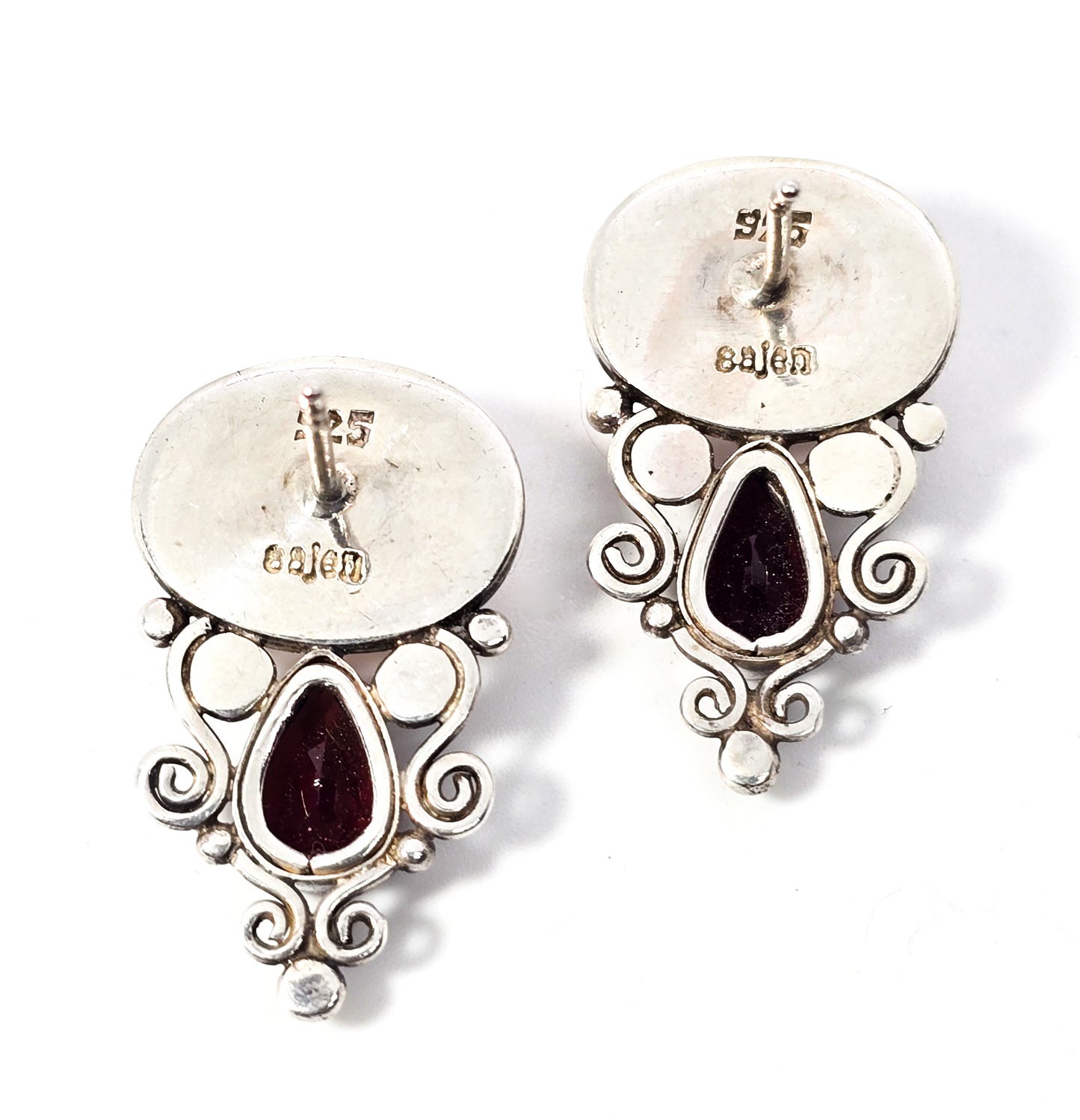 Sajen pink rose quartz and garnet tribal Bali sterling silver vintage post earrings