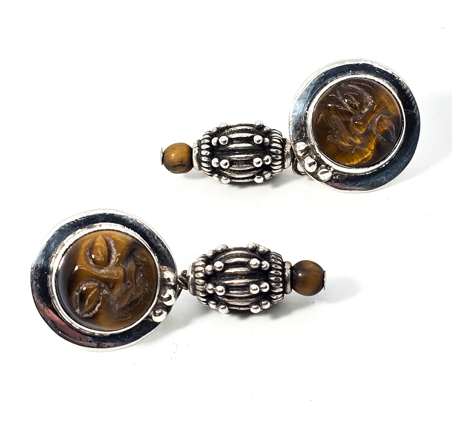 Moon face carved Tiger's eye brown gemstone vintage sterling silver signed earrings