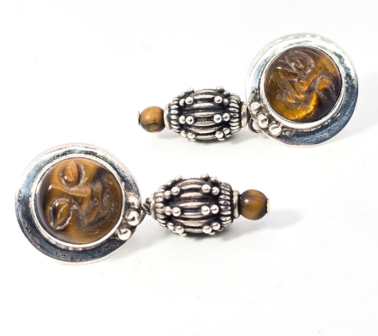Moon face carved Tiger's eye brown gemstone vintage sterling silver signed earrings