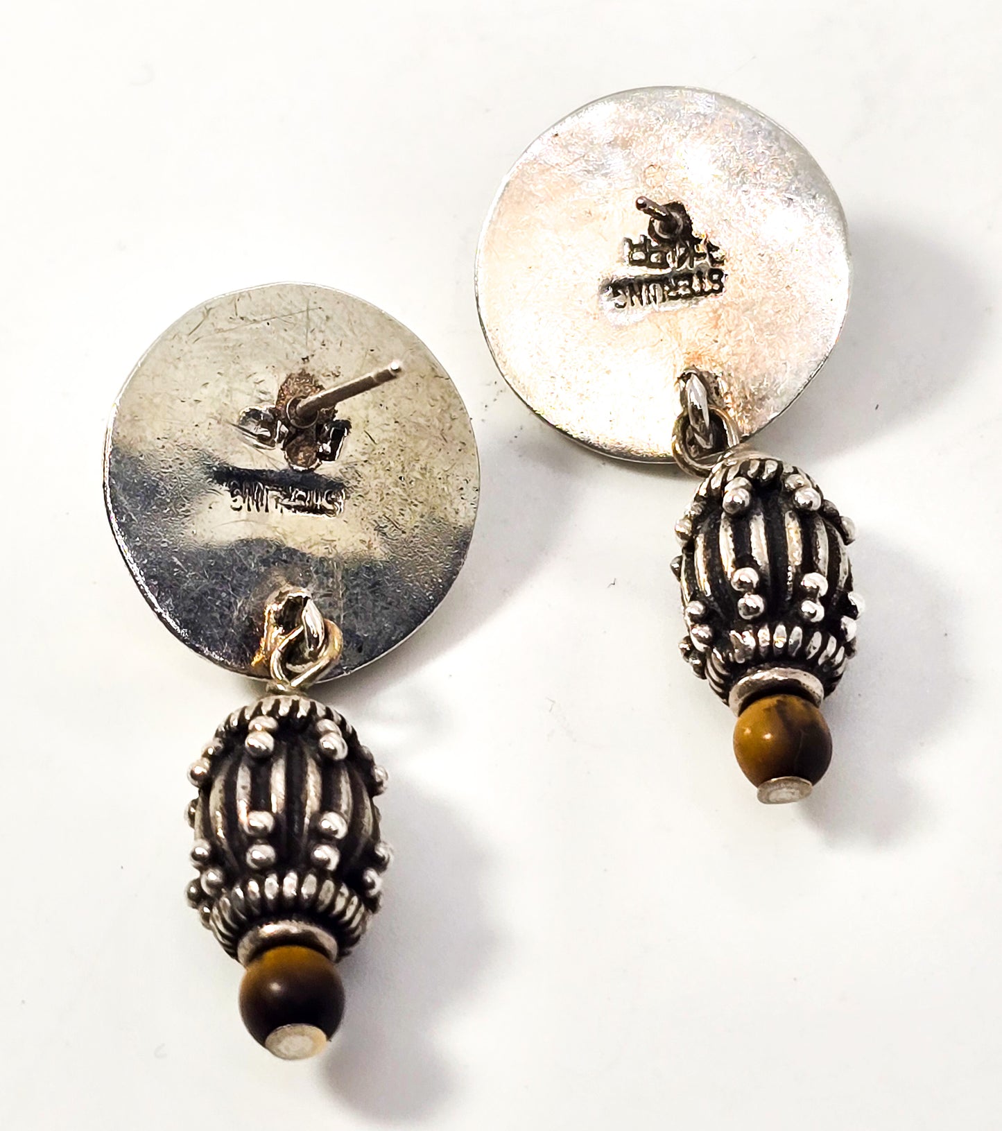 Moon face carved Tiger's eye brown gemstone vintage sterling silver signed earrings