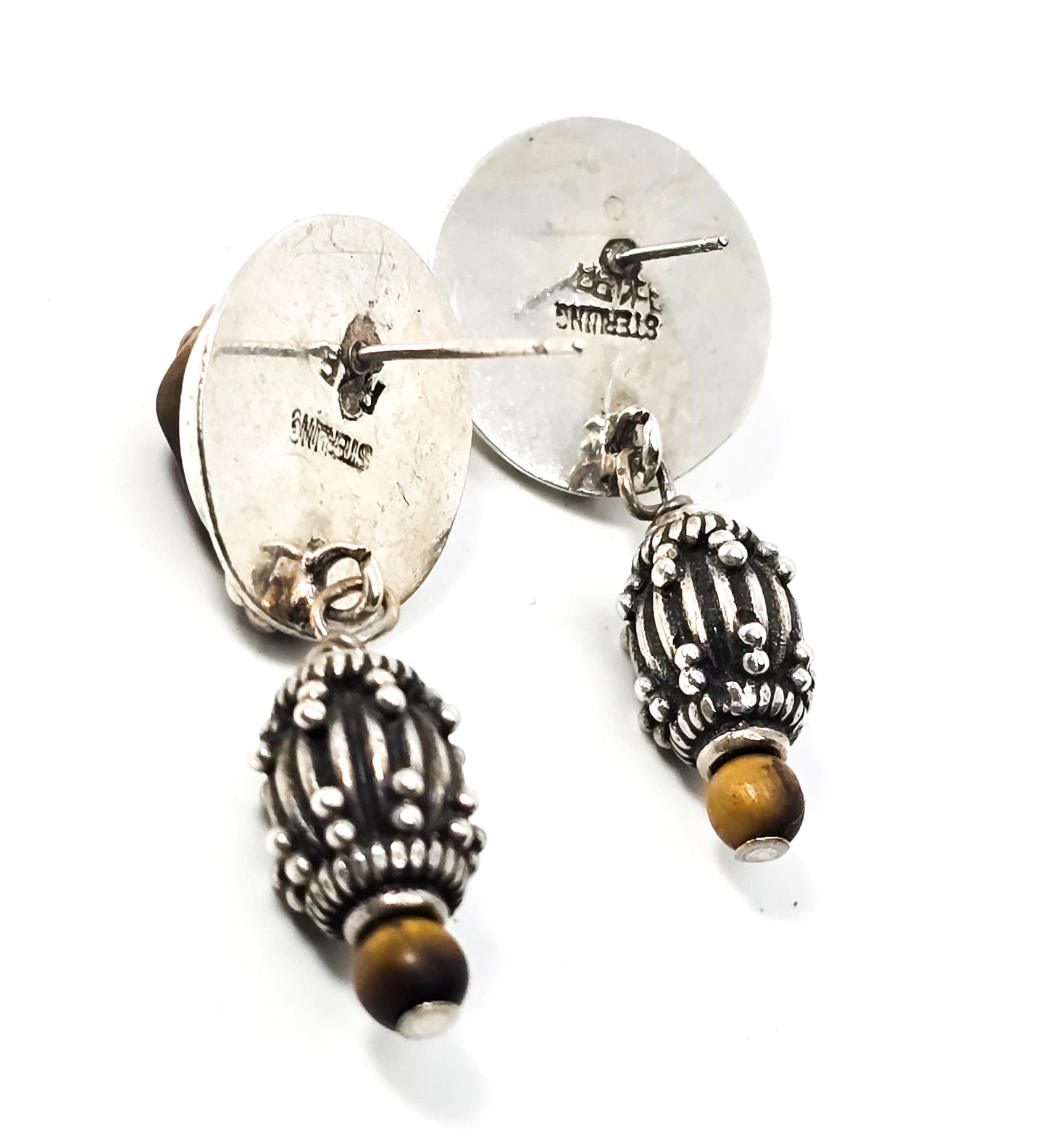 Moon face carved Tiger's eye brown gemstone vintage sterling silver signed earrings