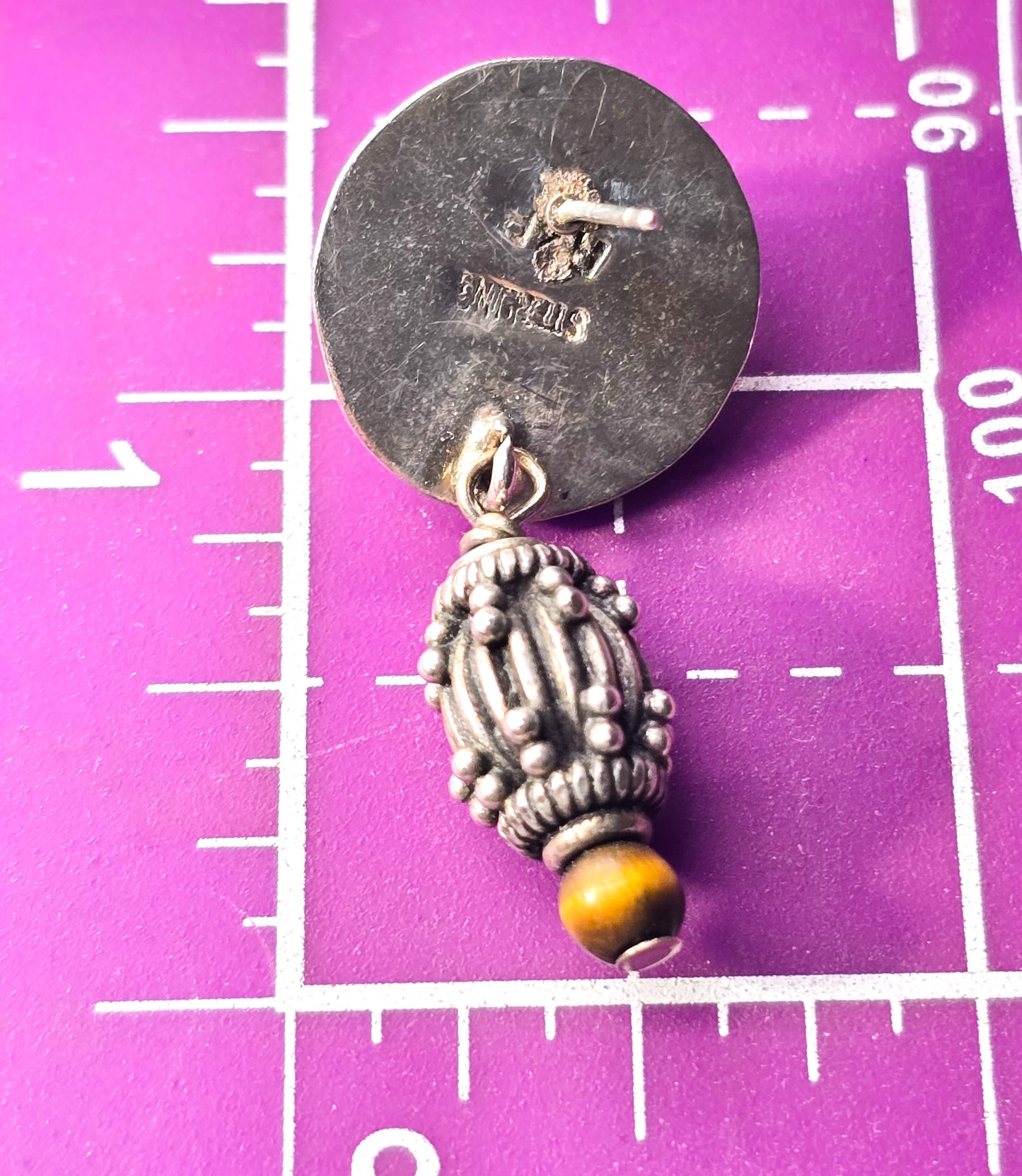 Moon face carved Tiger's eye brown gemstone vintage sterling silver signed earrings