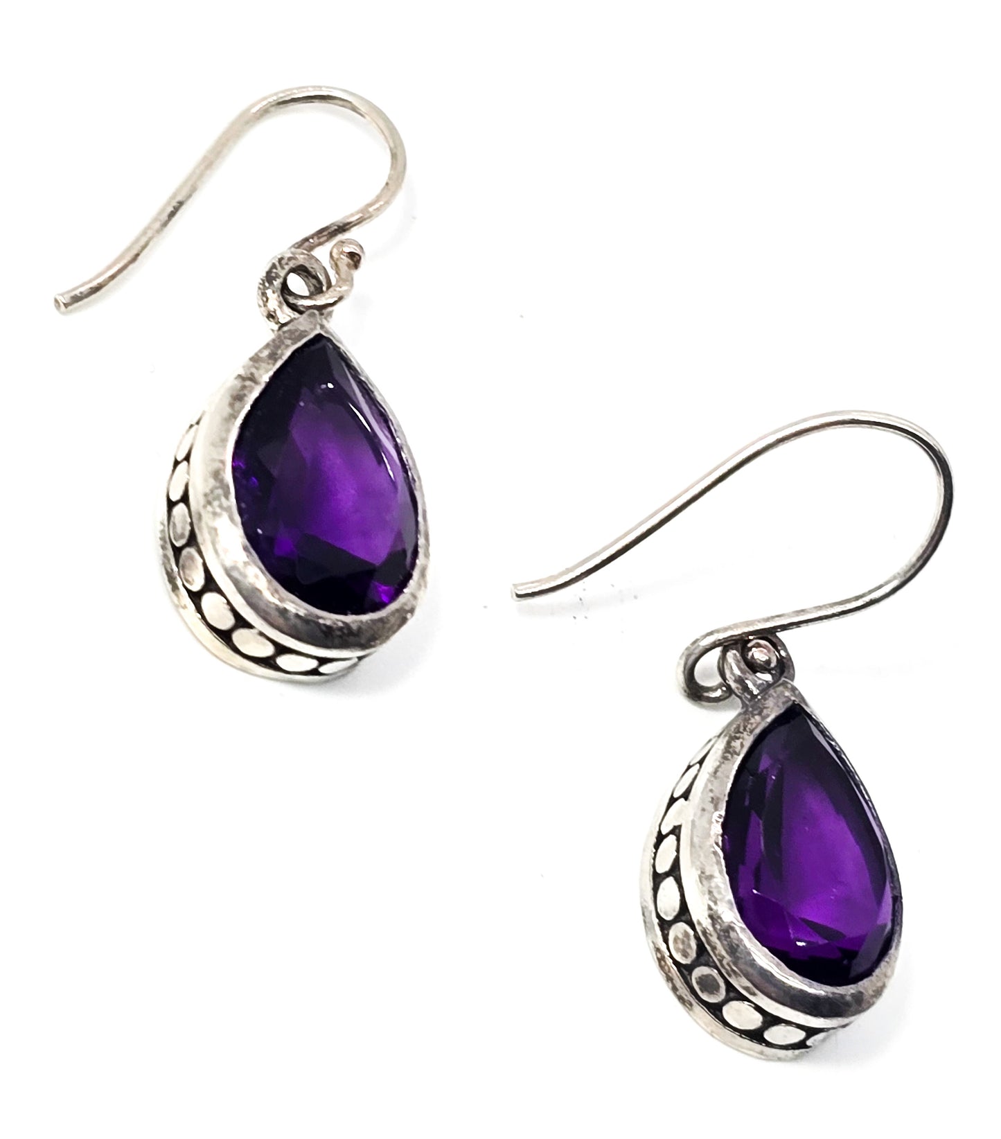 Amethyst pear cut faceted purple gemstone sterling silver tribal drop earrings