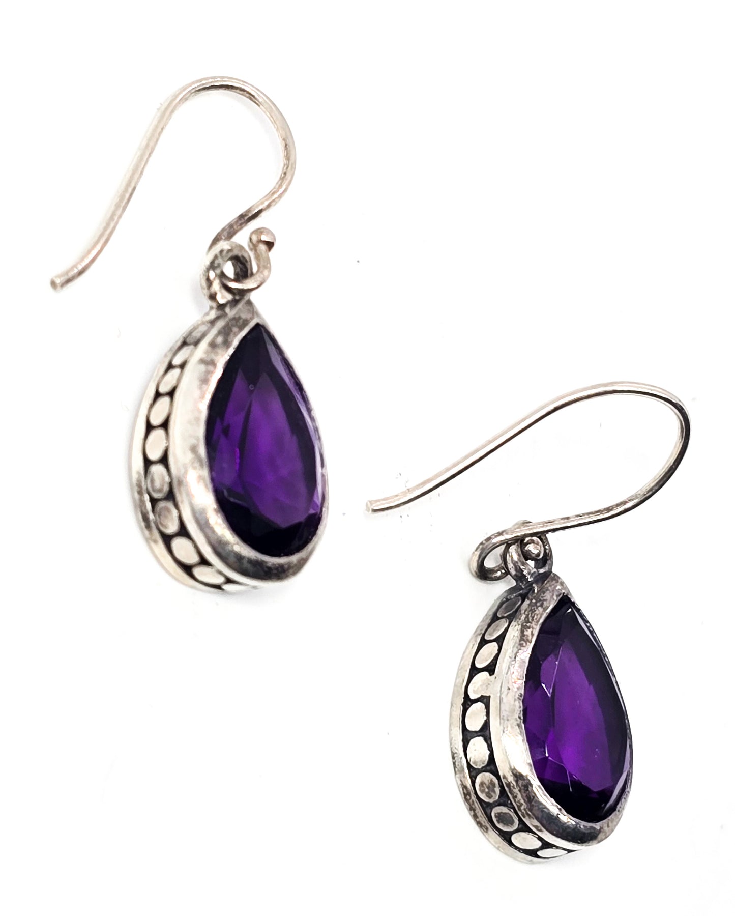 Amethyst pear cut faceted purple gemstone sterling silver tribal drop earrings