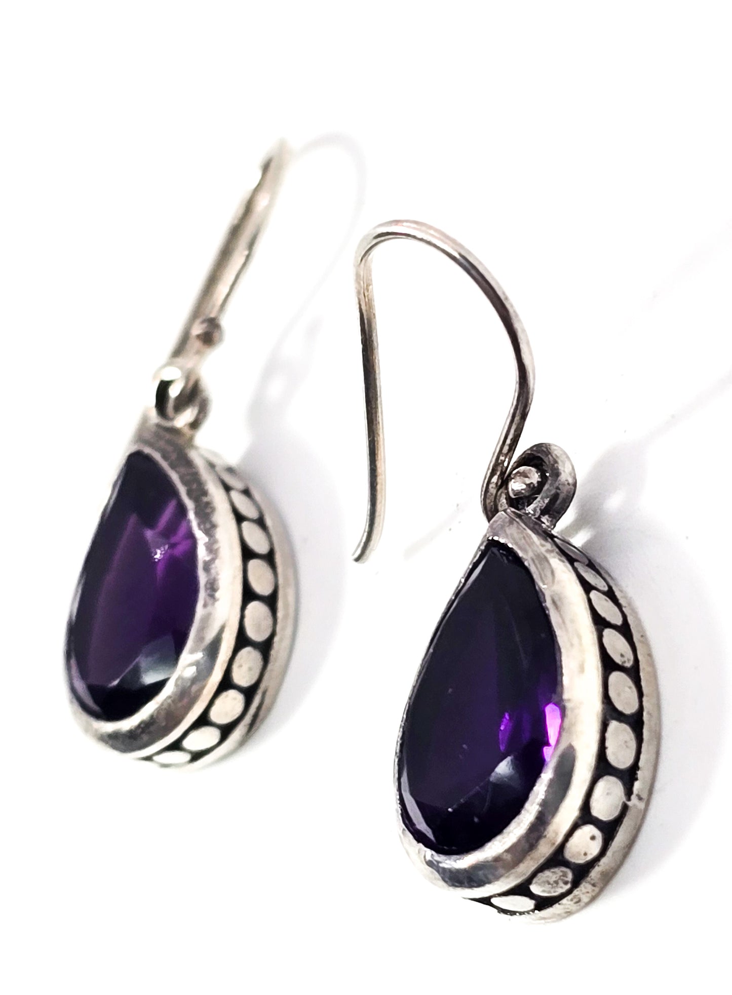 Amethyst pear cut faceted purple gemstone sterling silver tribal drop earrings