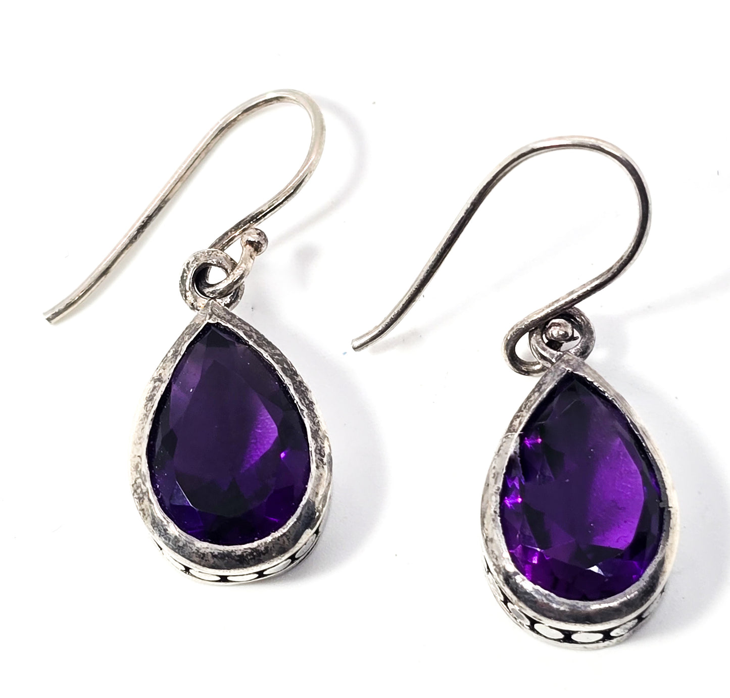 Amethyst pear cut faceted purple gemstone sterling silver tribal drop earrings