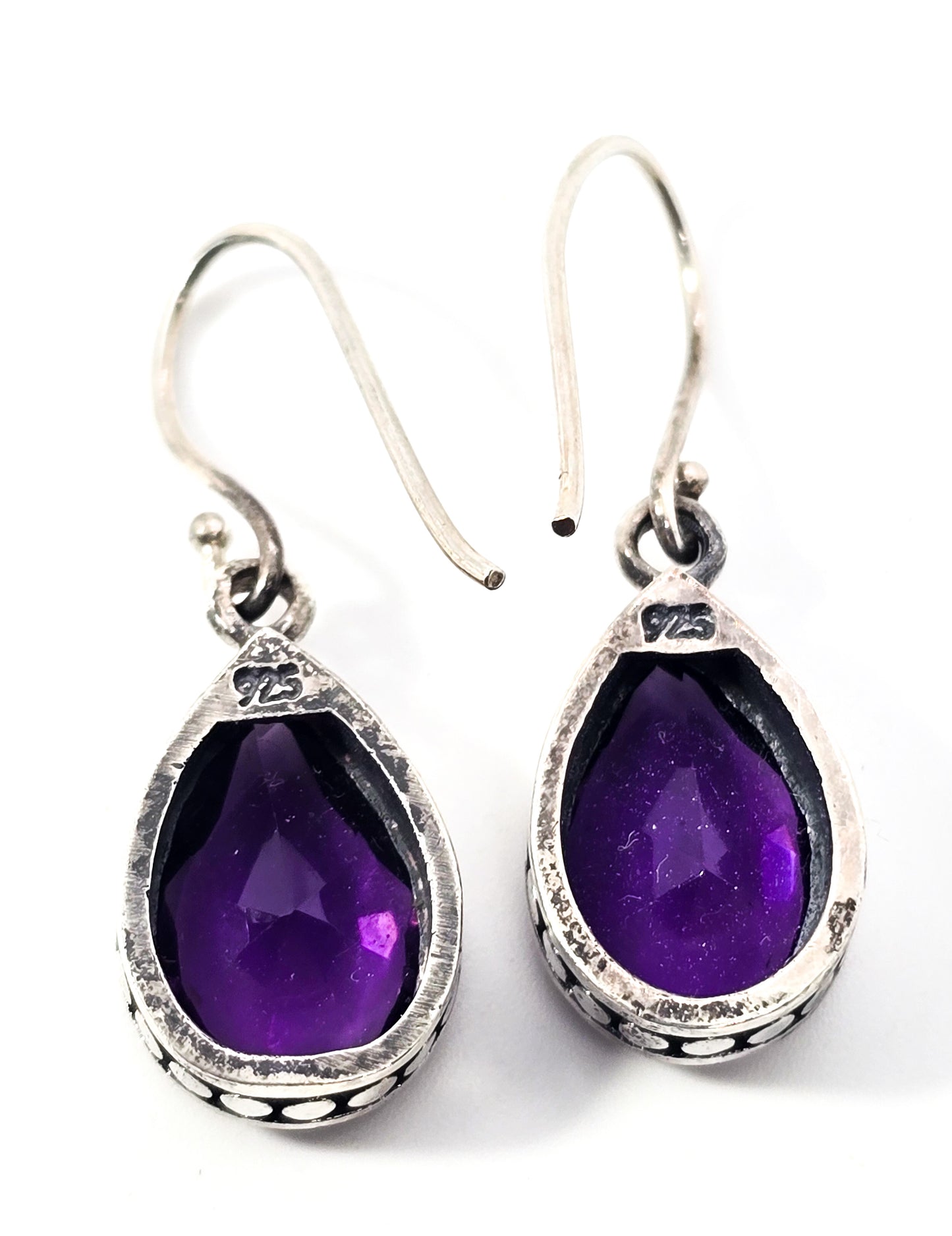 Amethyst pear cut faceted purple gemstone sterling silver tribal drop earrings