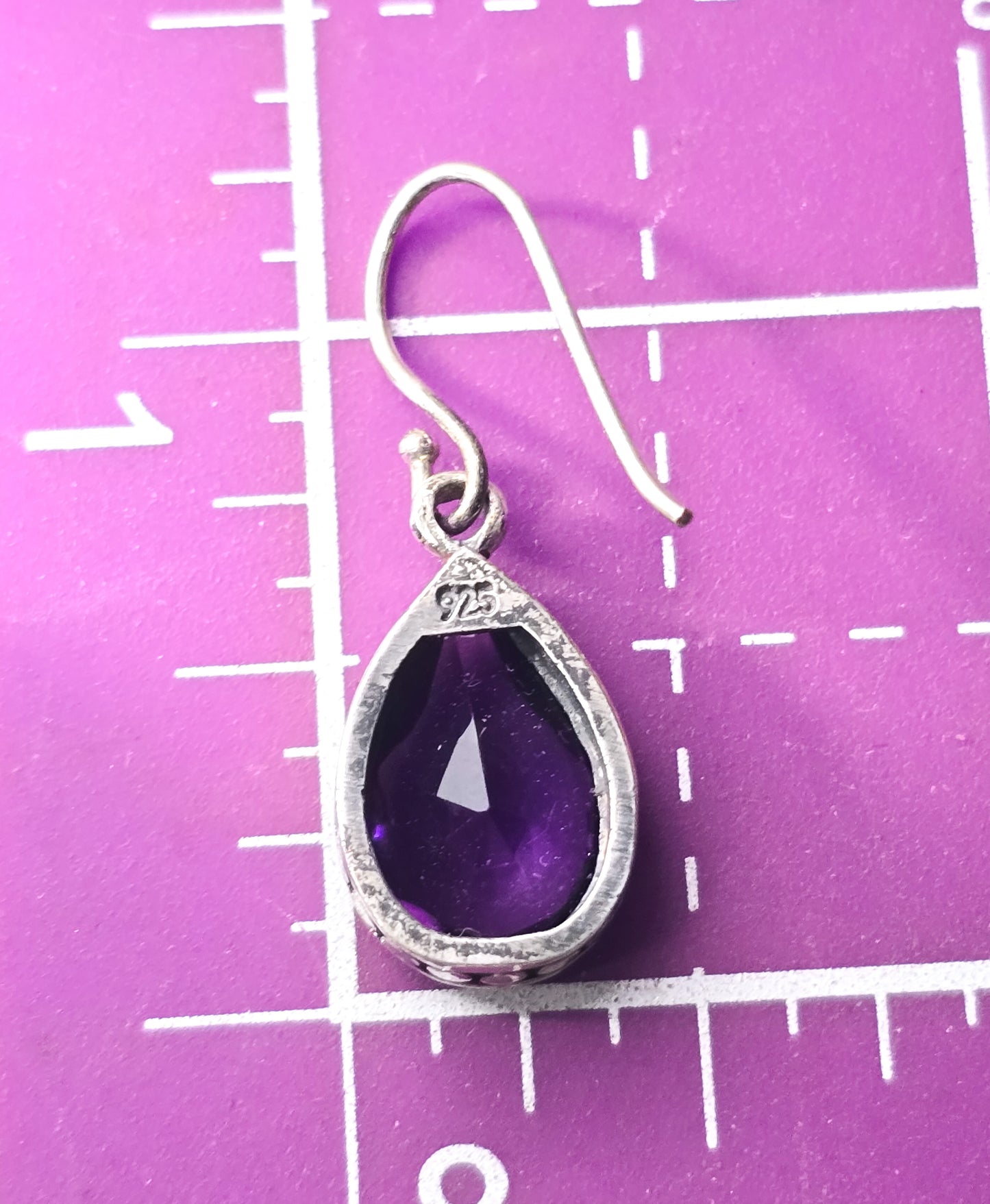 Amethyst pear cut faceted purple gemstone sterling silver tribal drop earrings