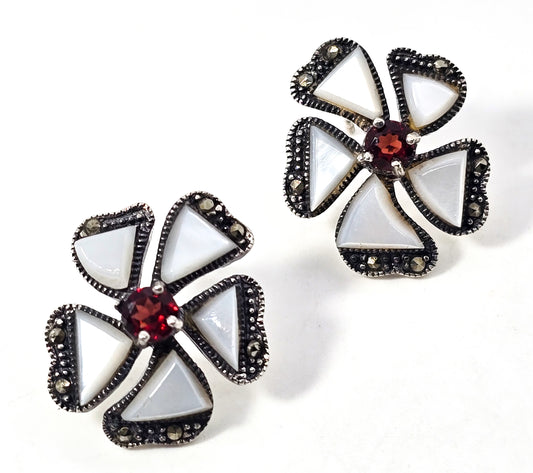 Mother of Pearl Flower garnet and marcasite sterling silver stud earrings TH