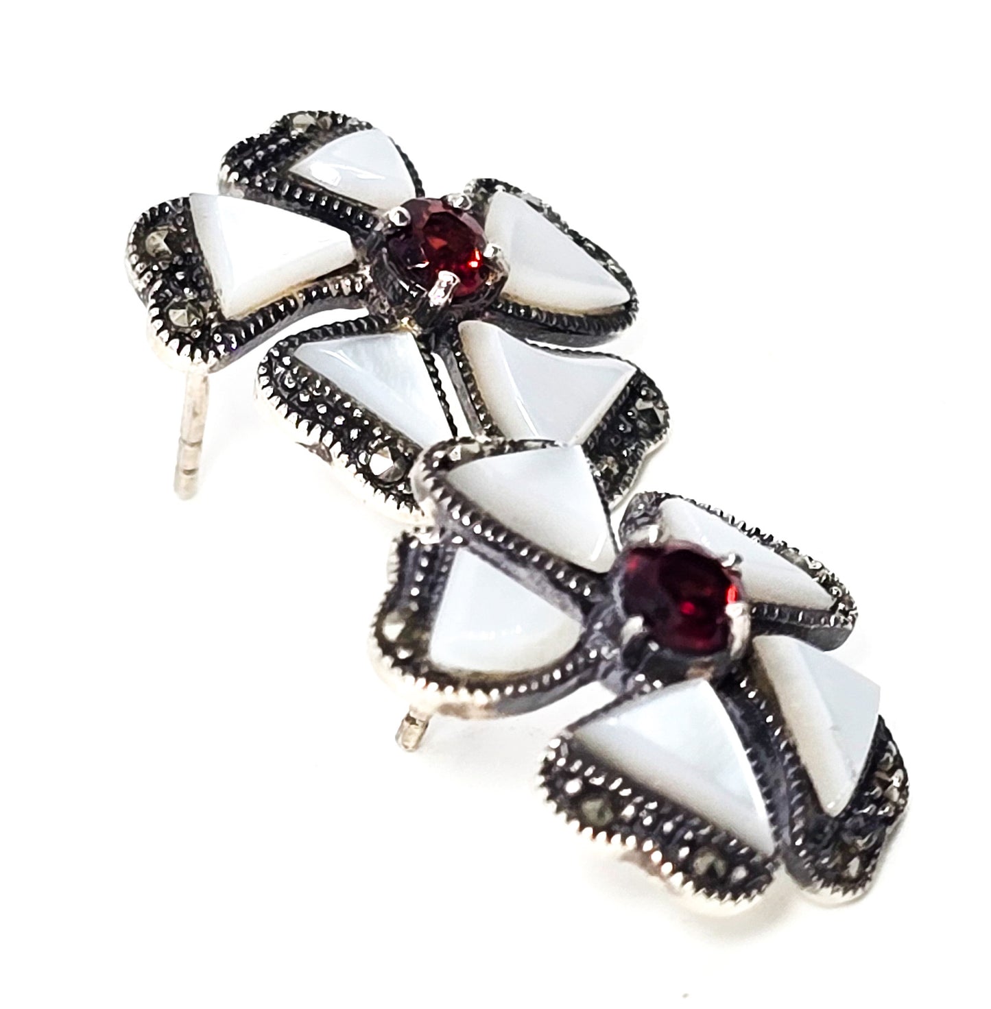 Mother of Pearl Flower garnet and marcasite sterling silver stud earrings TH