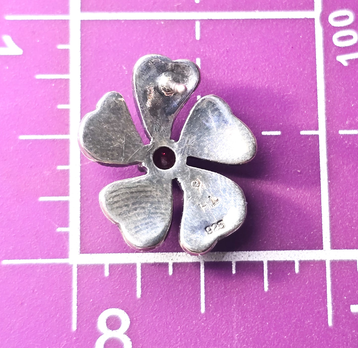 Mother of Pearl Flower garnet and marcasite sterling silver stud earrings TH